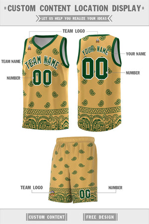 Custom Old Gold Green Personalized Cashew Pattern Sports Uniform Basketball Jersey