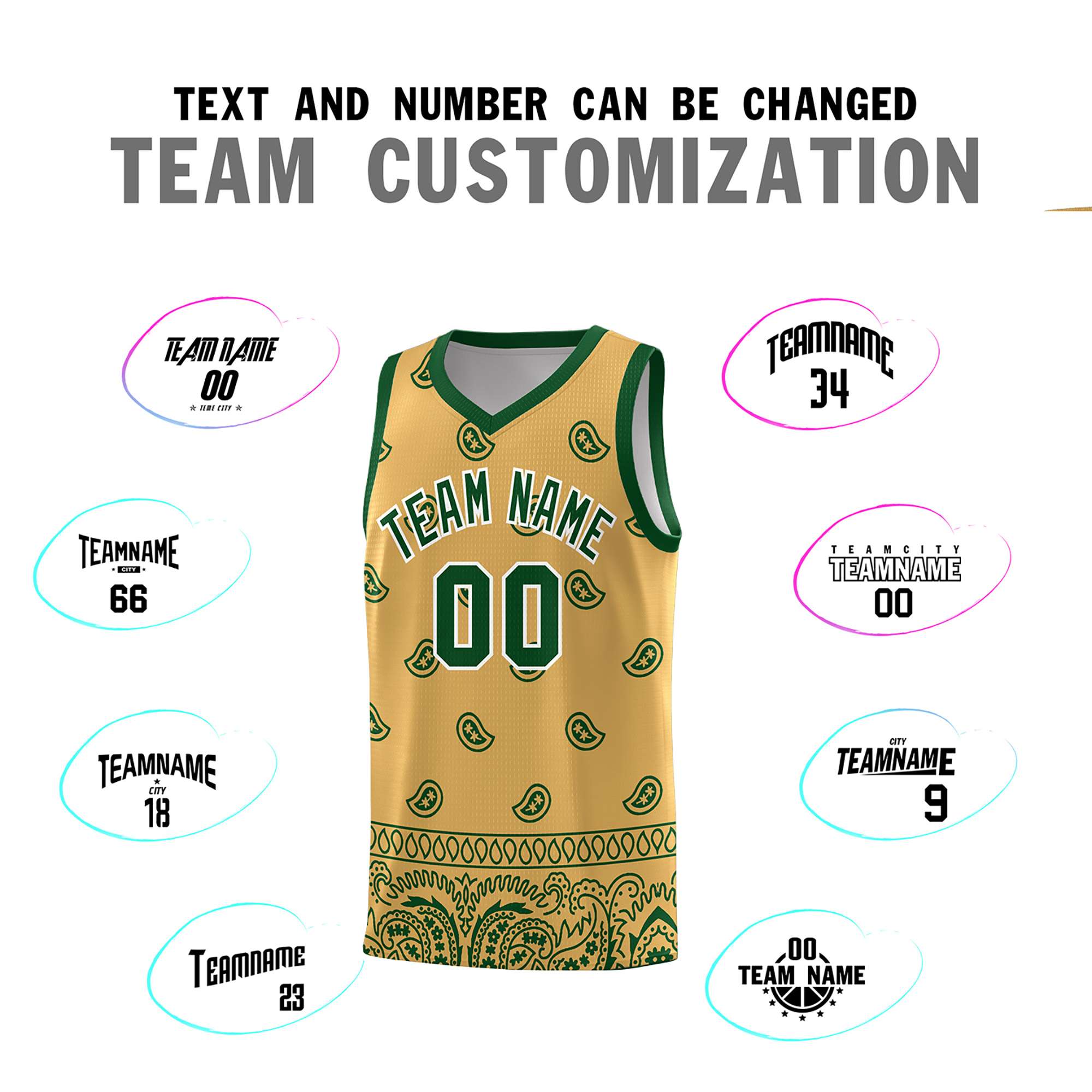 Custom Old Gold Green Personalized Cashew Pattern Sports Uniform Basketball Jersey