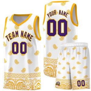 Custom White Yellow Personalized Cashew Pattern Sports Uniform Basketball Jersey