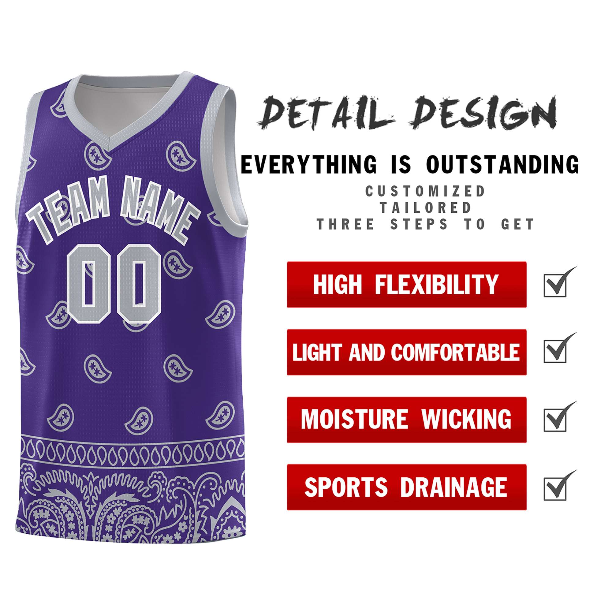 Custom Purple Gray Personalized Cashew Pattern Sports Uniform Basketball Jersey