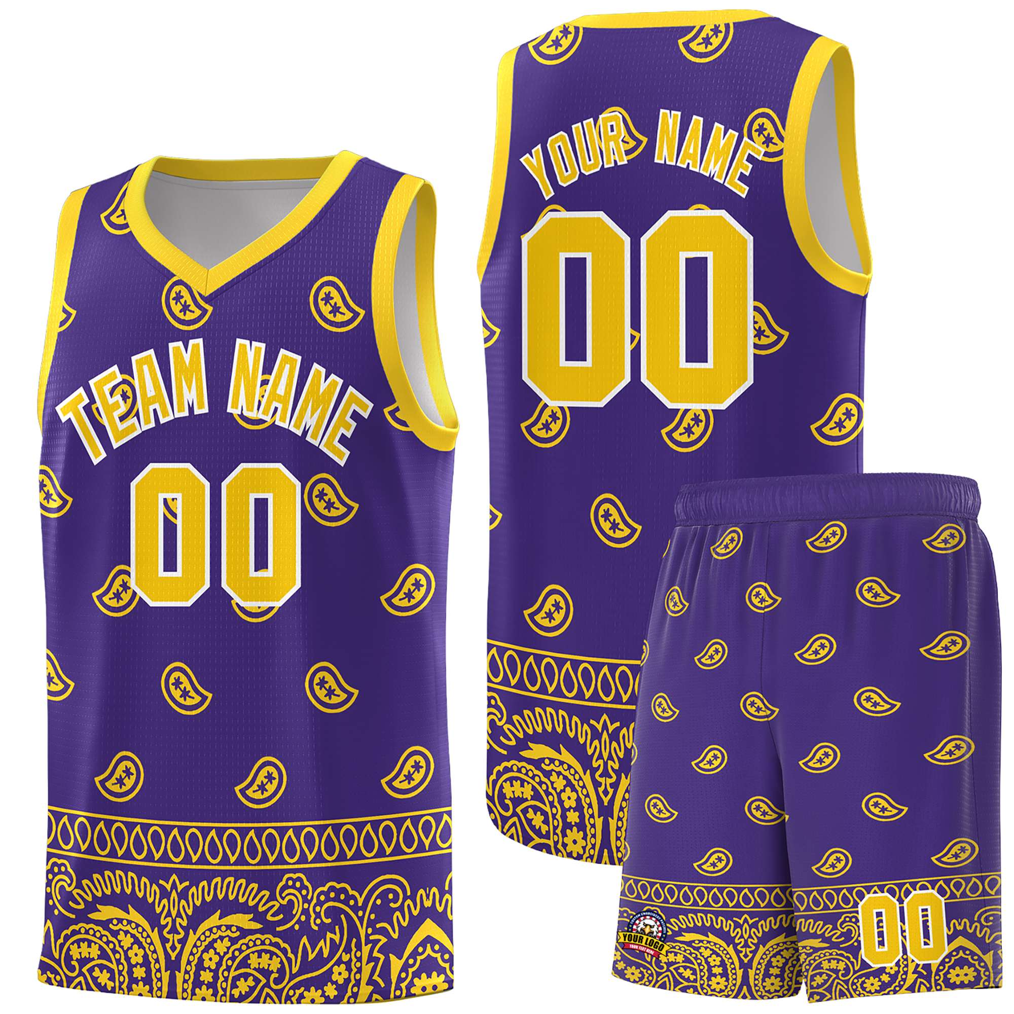 Custom Purple Gold Personalized Cashew Pattern Sports Uniform Basketball Jersey