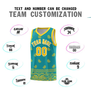 Custom Aqua Gold Personalized Cashew Pattern Sports Uniform Basketball Jersey