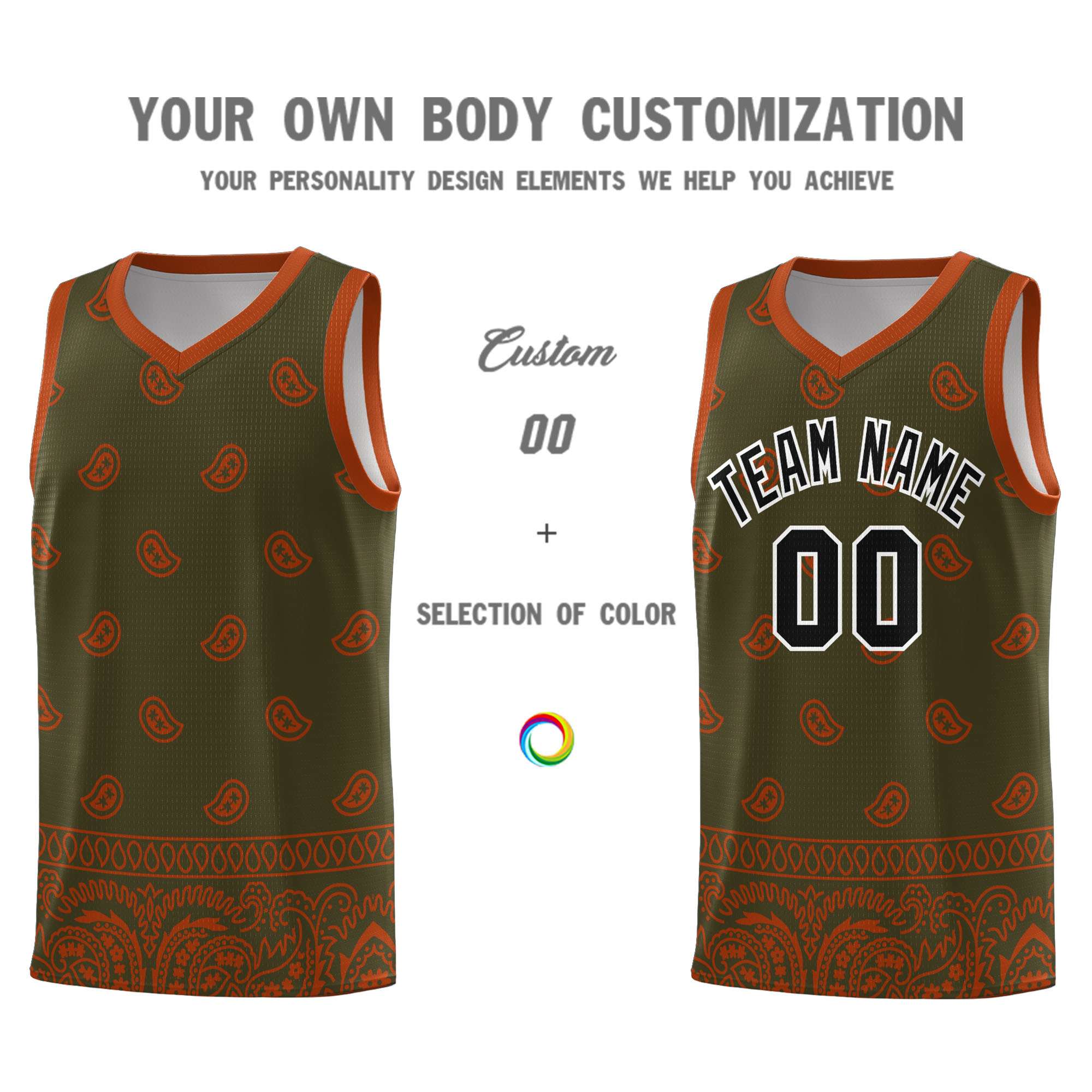 Custom Olive Texas Orange Personalized Cashew Pattern Sports Uniform Basketball Jersey