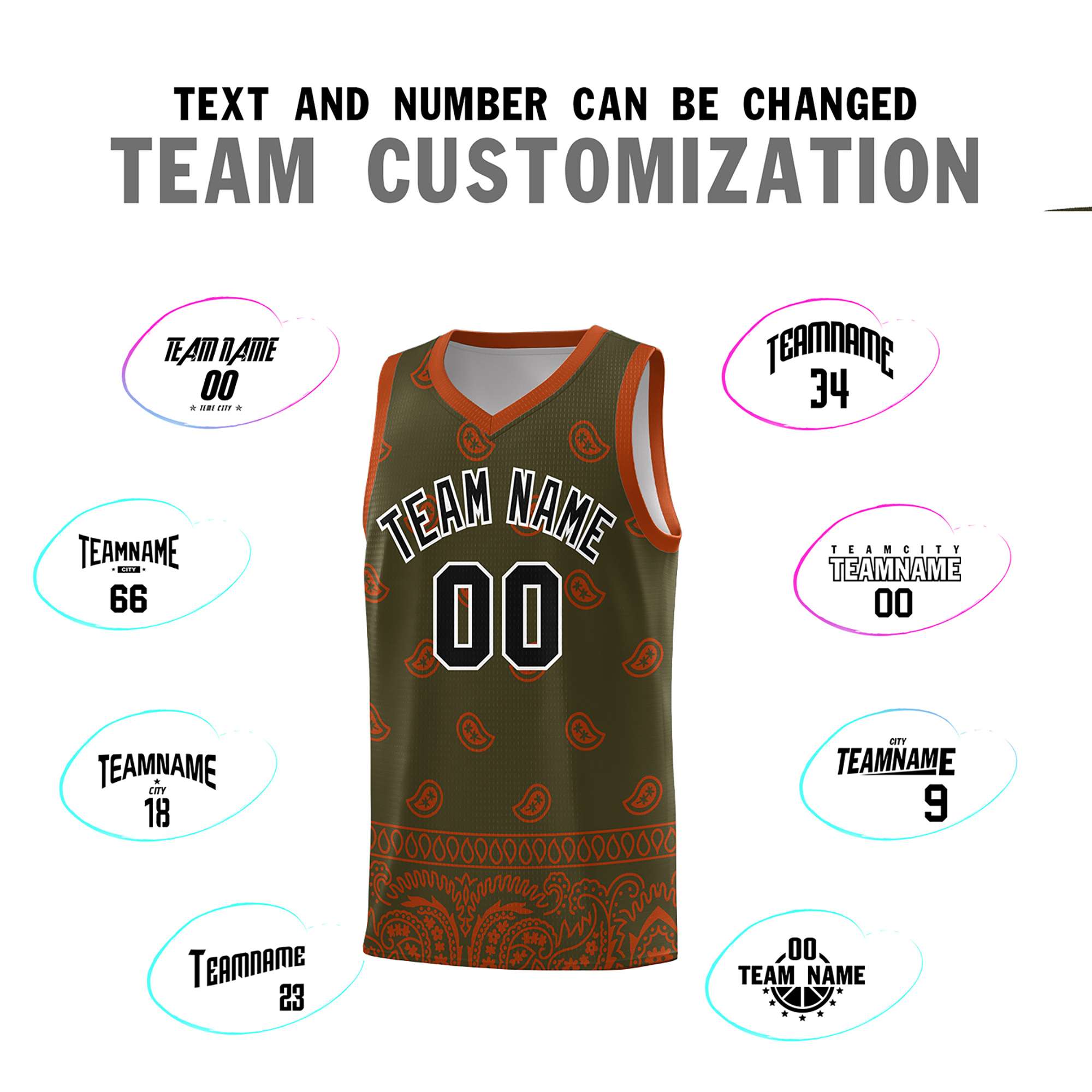 Custom Olive Texas Orange Personalized Cashew Pattern Sports Uniform Basketball Jersey