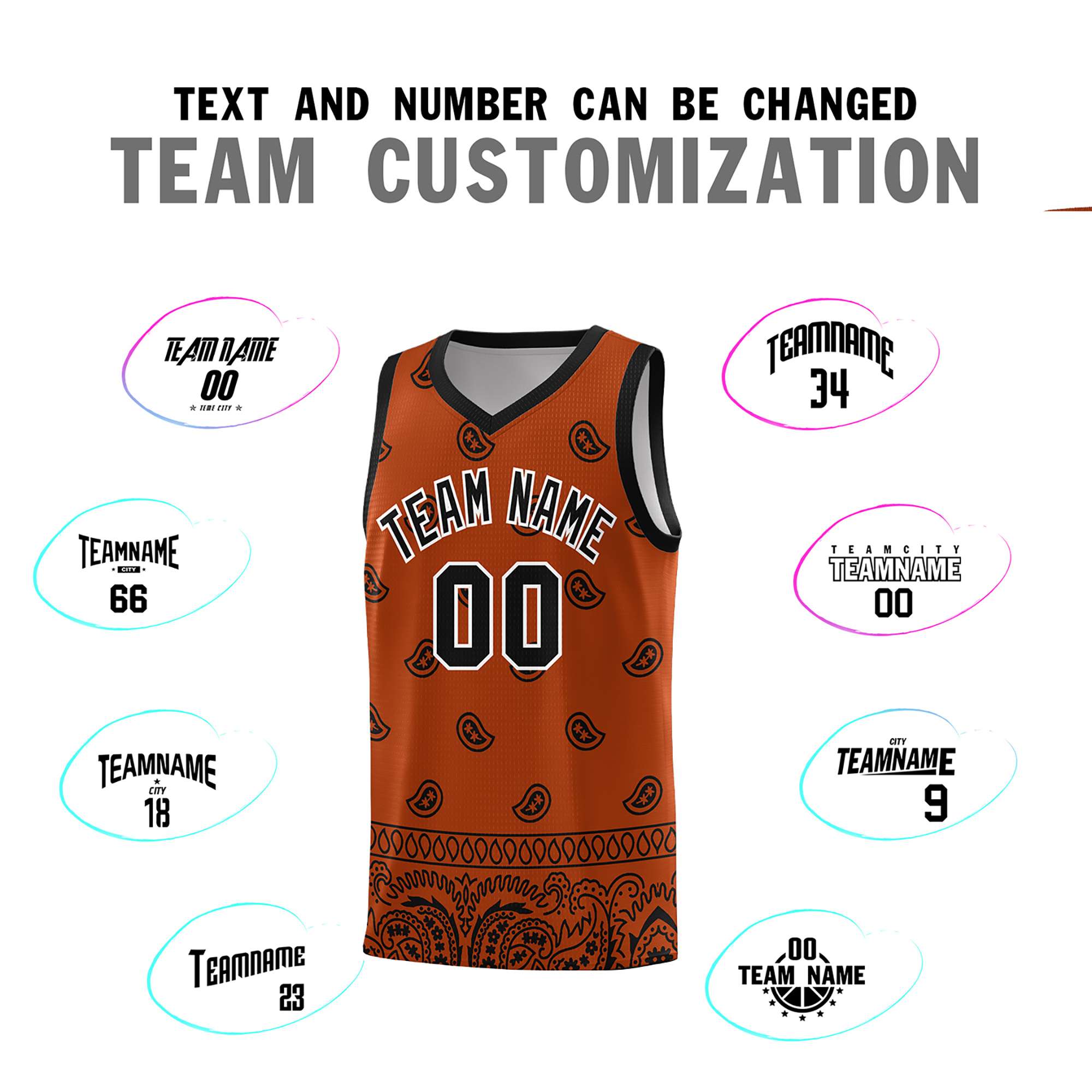 Custom Texas Orange Black Personalized Cashew Pattern Sports Uniform Basketball Jersey