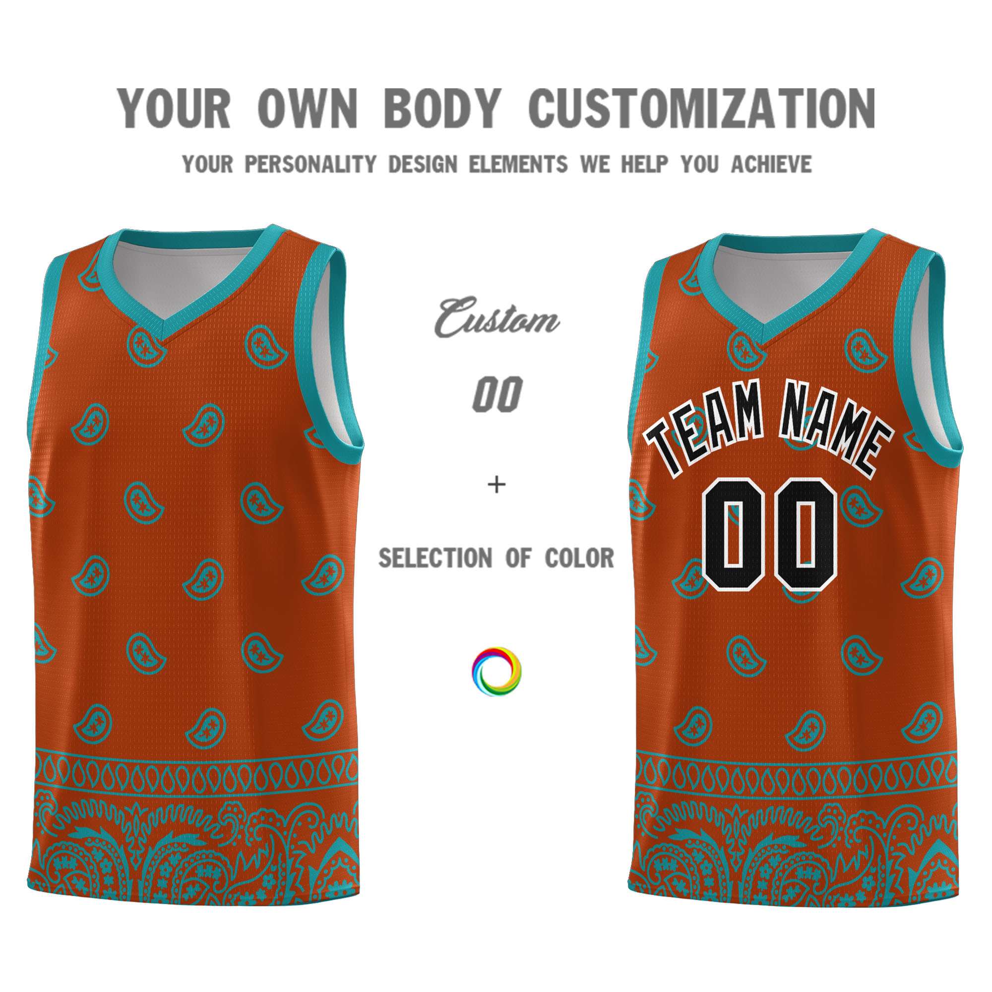 Custom Texas Orange Aqua Personalized Cashew Pattern Sports Uniform Basketball Jersey