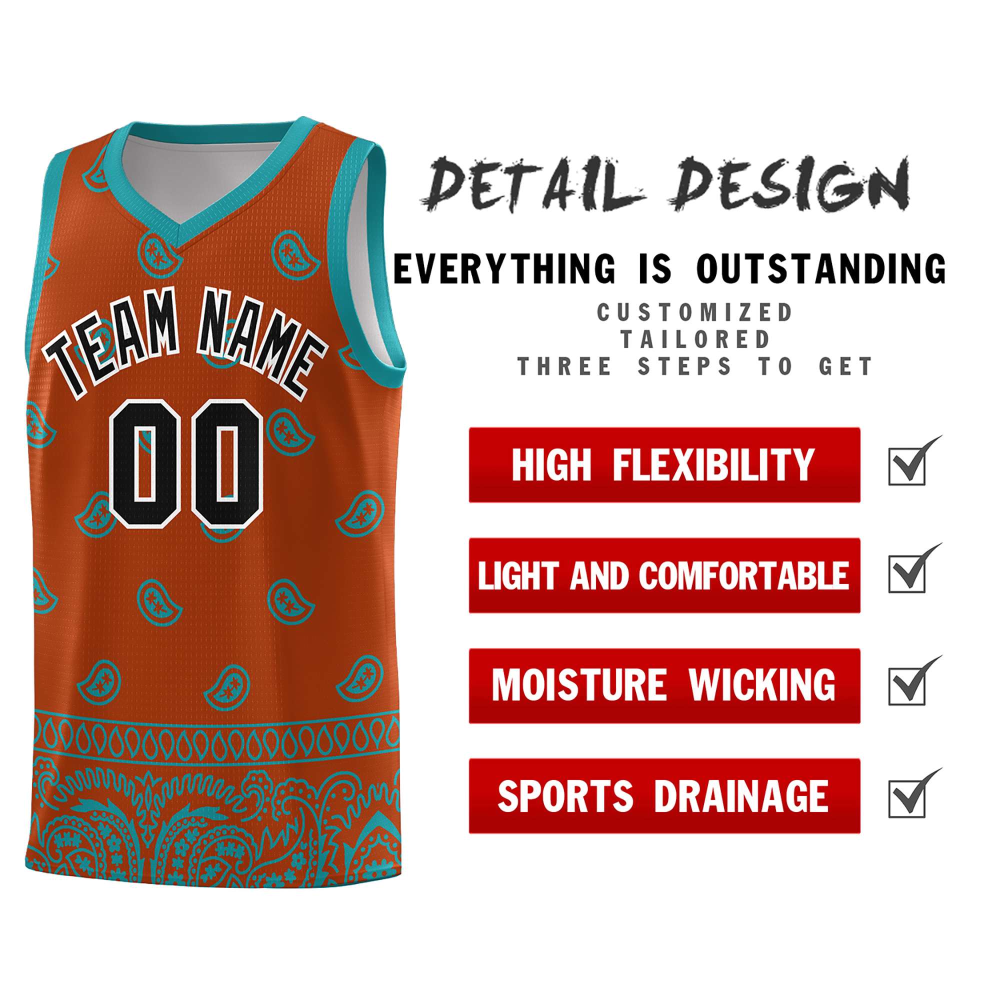 Custom Texas Orange Aqua Personalized Cashew Pattern Sports Uniform Basketball Jersey