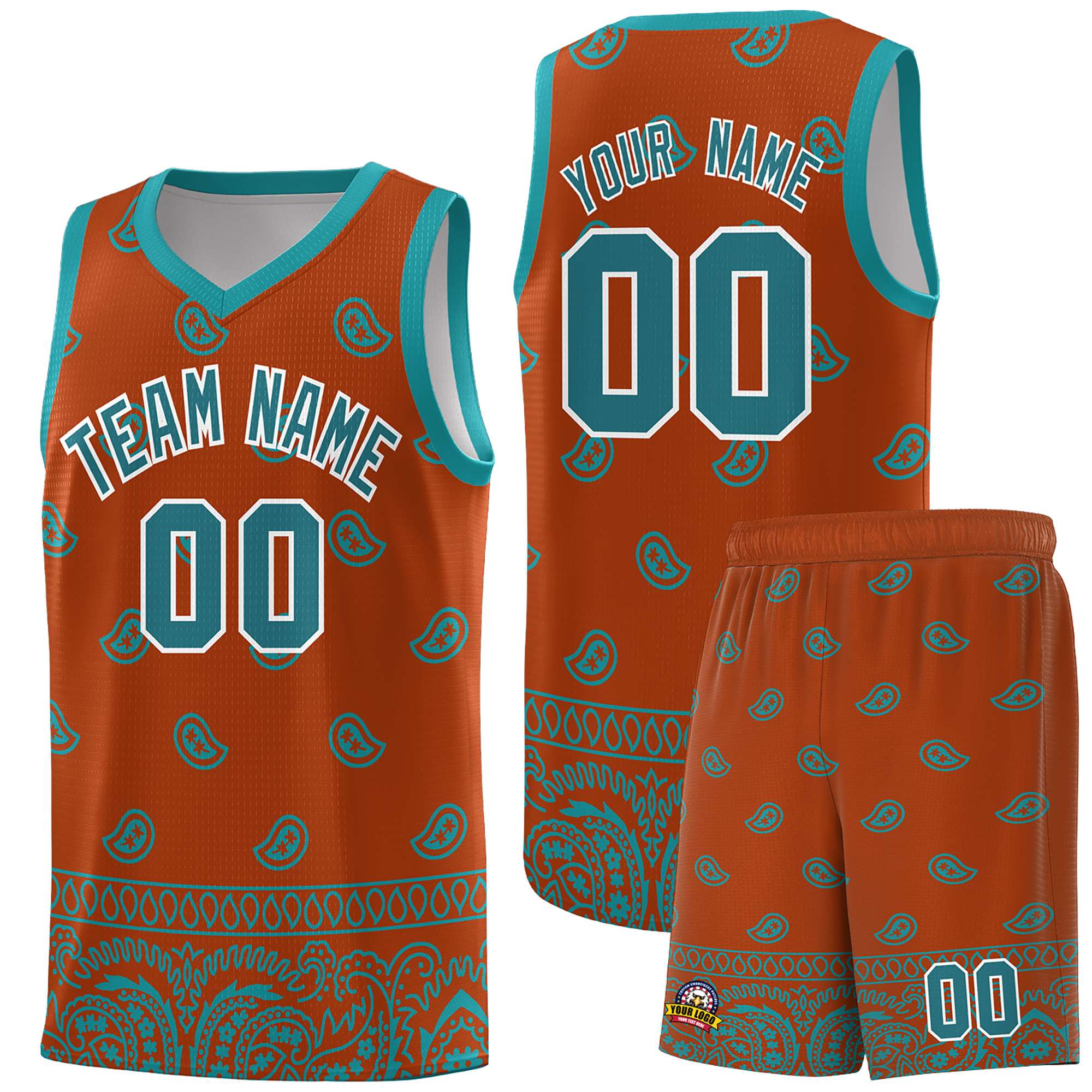 Custom Texas Orange Aqua Personalized Cashew Pattern Sports Uniform Basketball Jersey