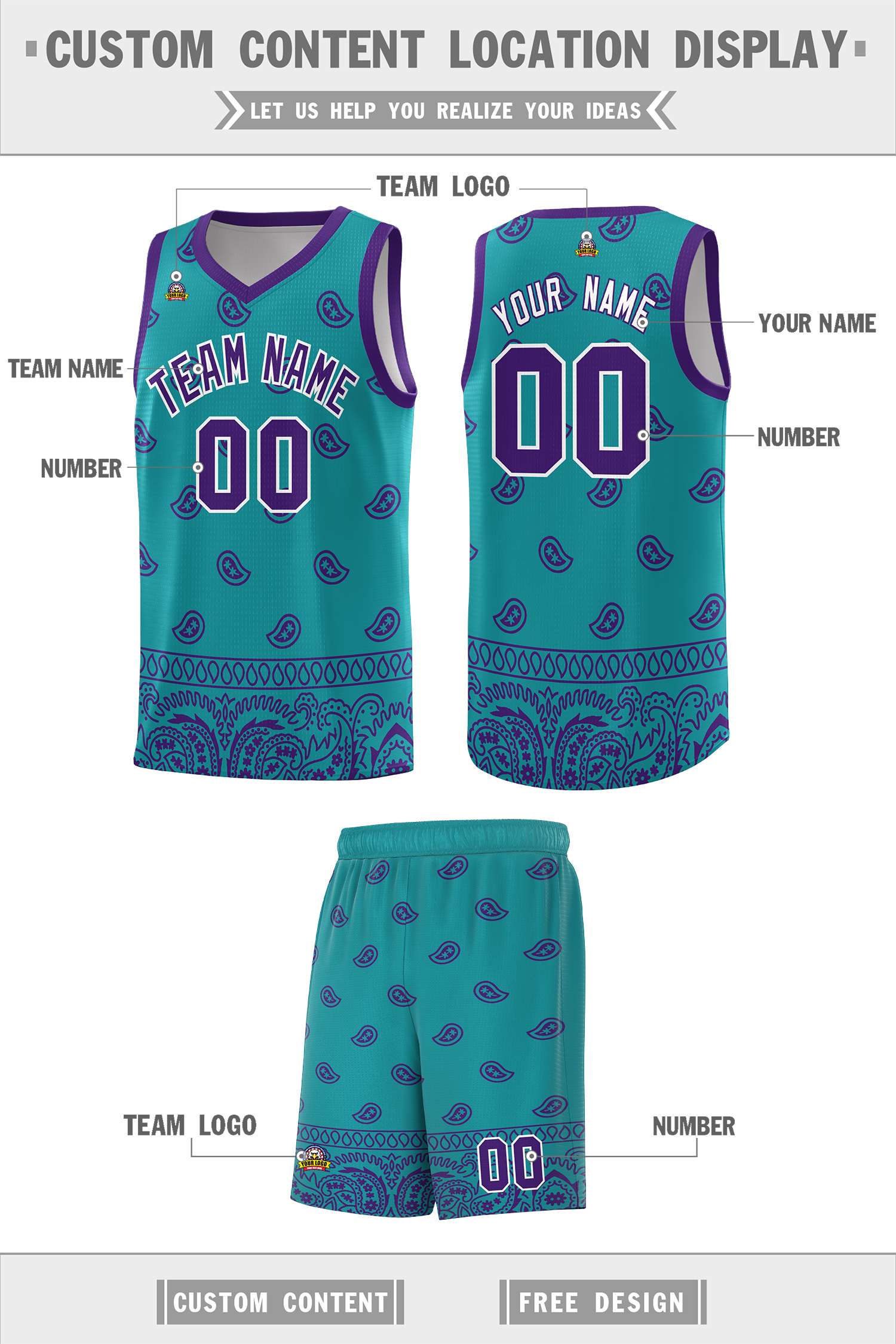 Custom Aqua Purple Personalized Cashew Pattern Sports Uniform Basketball Jersey