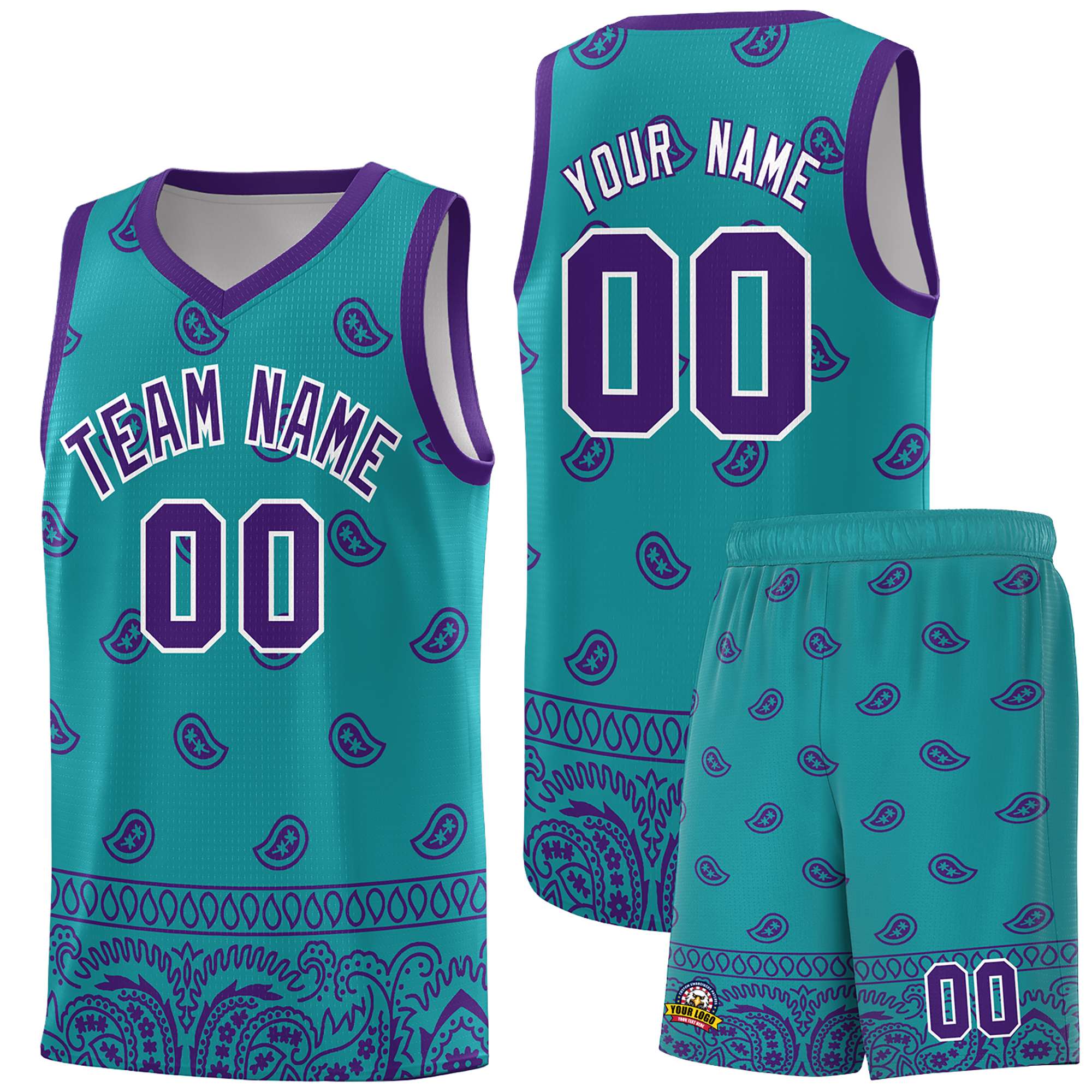 Custom Aqua Purple Personalized Cashew Pattern Sports Uniform Basketball Jersey