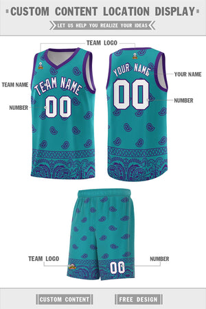 Custom Aqua Purple Personalized Cashew Pattern Sports Uniform Basketball Jersey