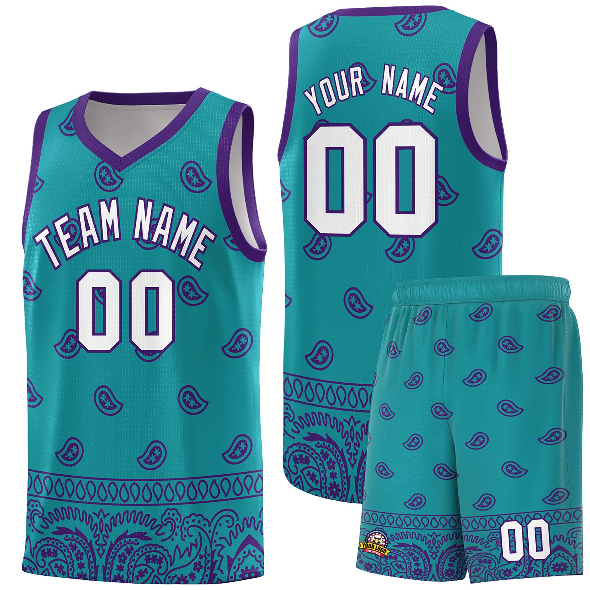 Custom Aqua Purple Personalized Cashew Pattern Sports Uniform Basketball Jersey