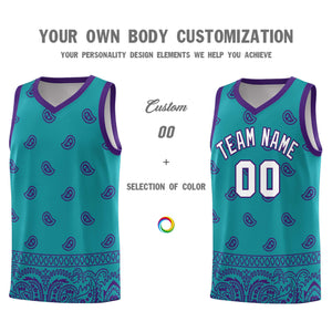 Custom Aqua Purple Personalized Cashew Pattern Sports Uniform Basketball Jersey