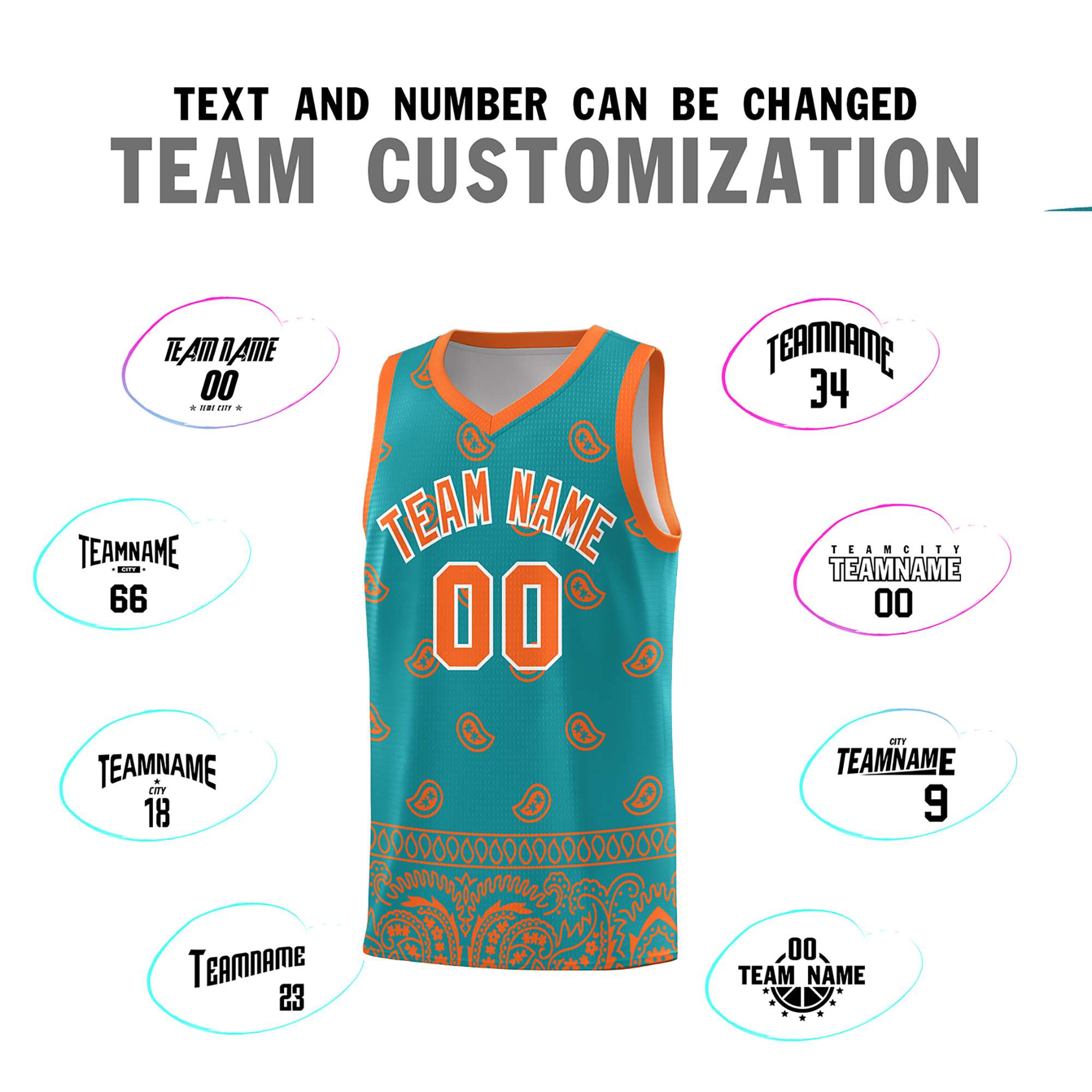 Custom Aqua Orange Personalized Cashew Pattern Sports Uniform Basketball Jersey