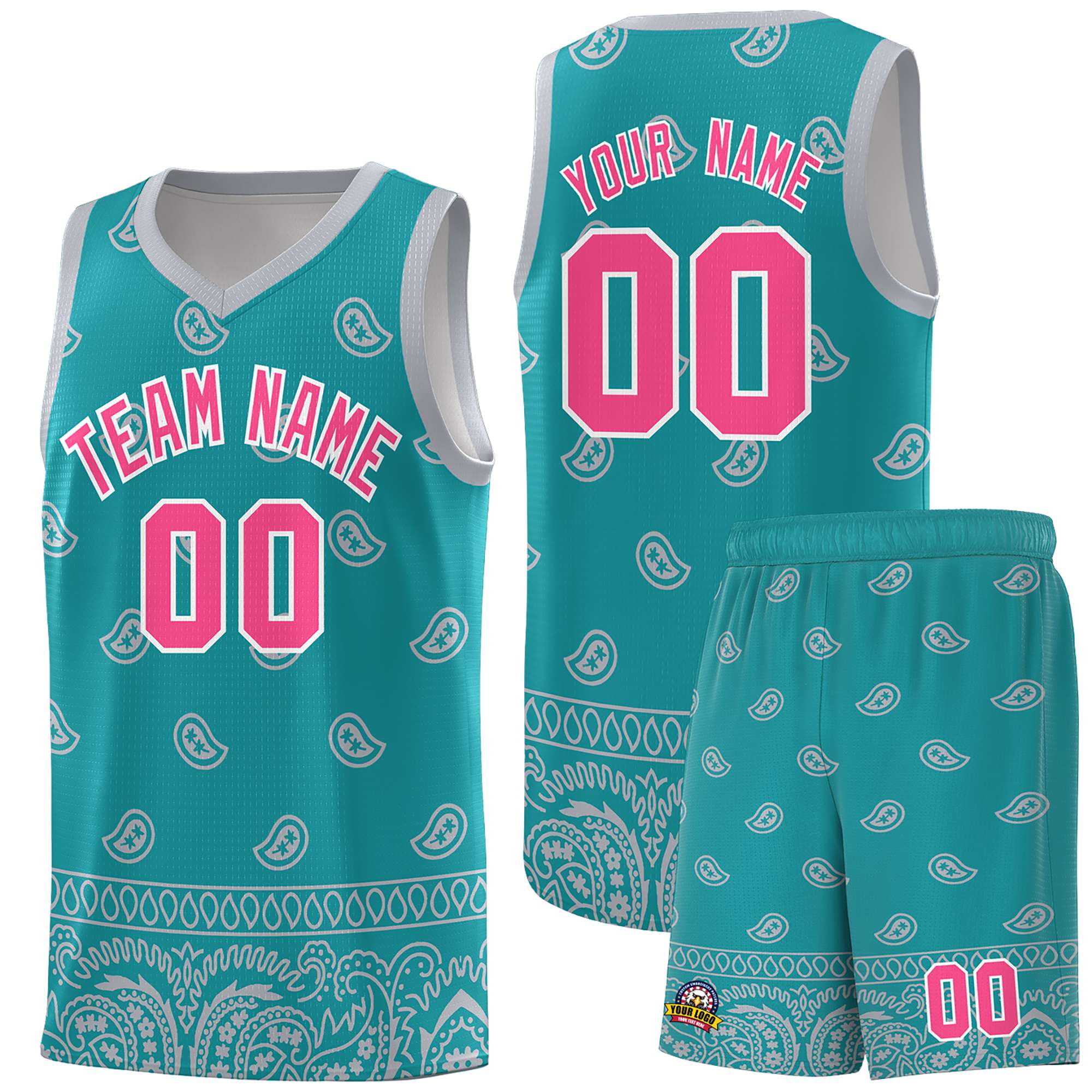 Custom Aqua Gray Personalized Cashew Pattern Sports Uniform Basketball Jersey