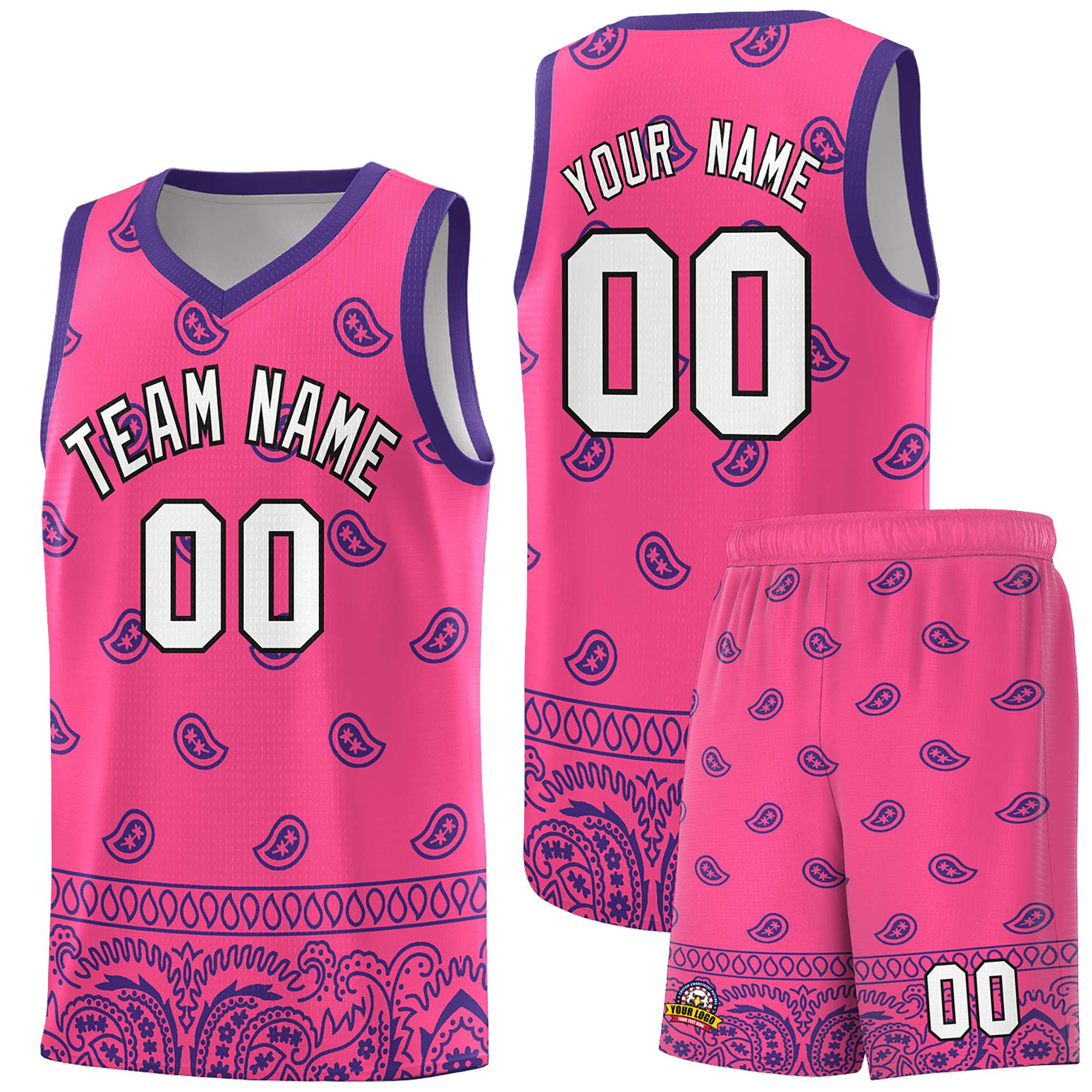 Custom Pink Purple Personalized Cashew Pattern Sports Uniform Basketball Jersey