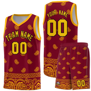 Custom Crimson Yellow Personalized Cashew Pattern Sports Uniform Basketball Jersey