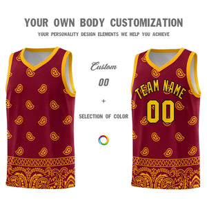 Custom Crimson Yellow Personalized Cashew Pattern Sports Uniform Basketball Jersey