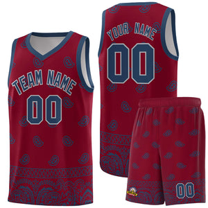 Custom Crimson Midnight Blue Personalized Cashew Pattern Sports Uniform Basketball Jersey