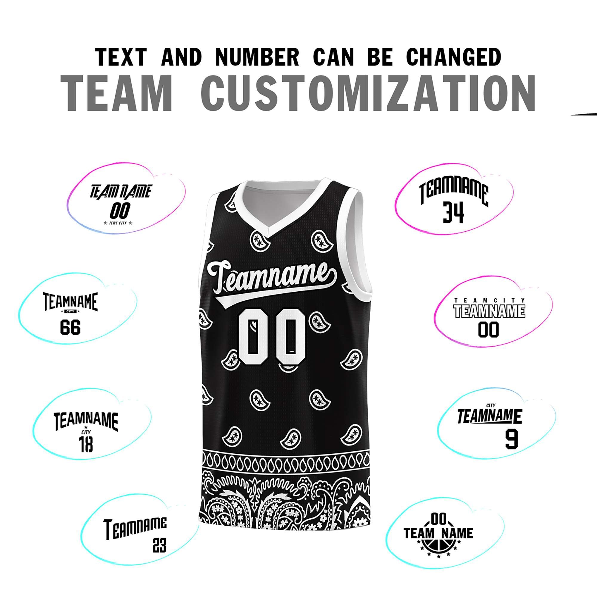 Custom Black White Personalized Cashew Pattern Sports Uniform Basketball Jersey