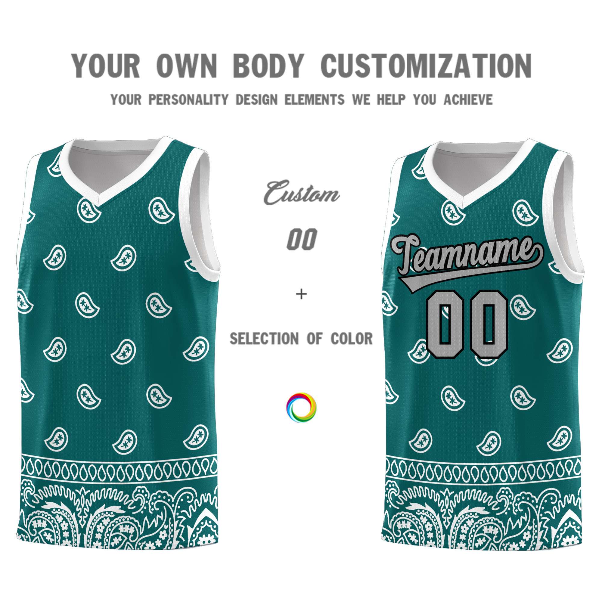 Custom Aqua White Personalized Cashew Pattern Sports Uniform Basketball Jersey