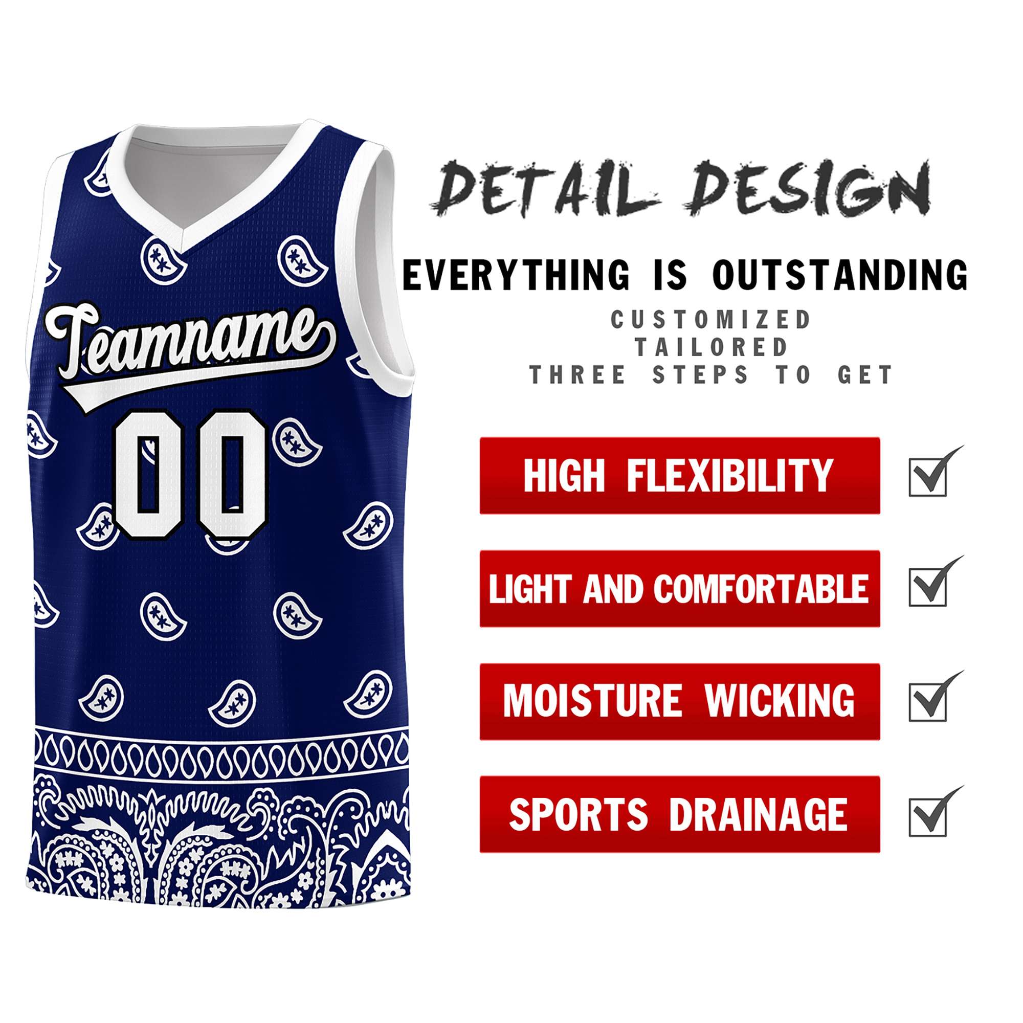 Custom Navy White Personalized Cashew Pattern Sports Uniform Basketball Jersey