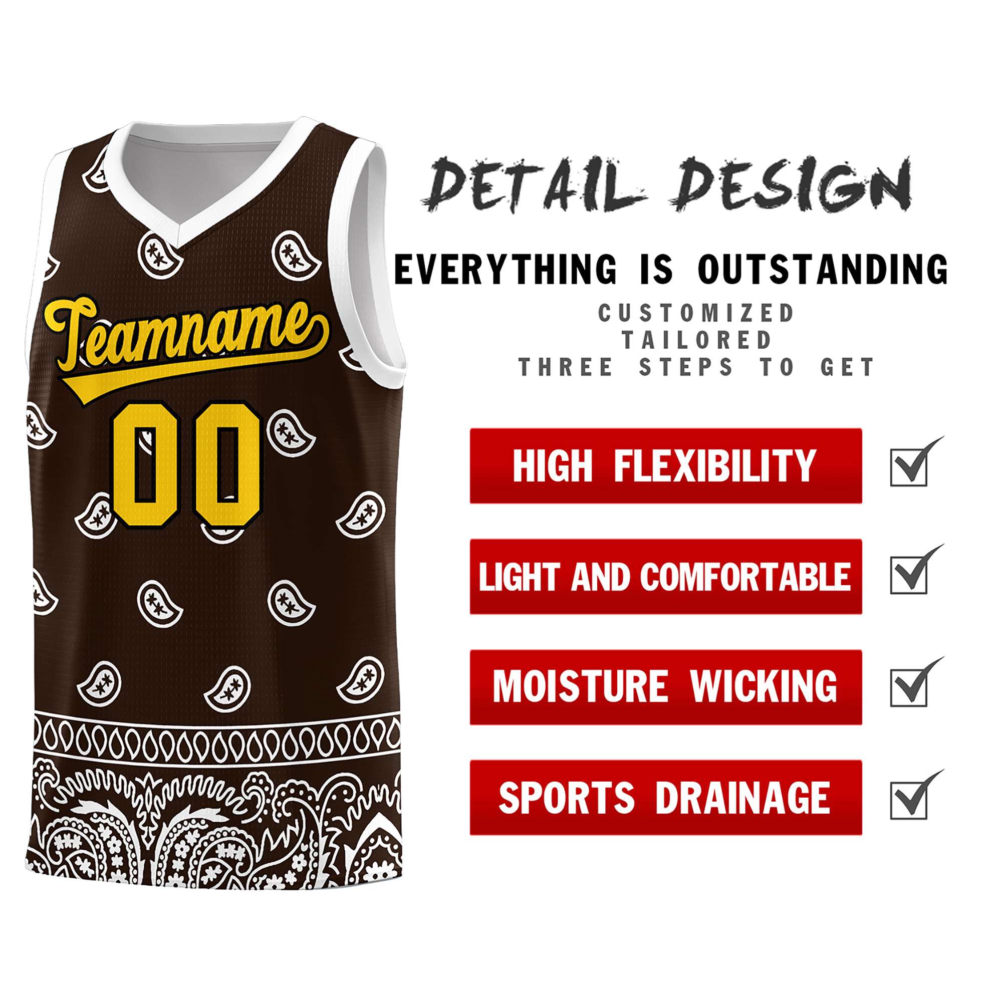 Custom Brown White Personalized Cashew Pattern Sports Uniform Basketball Jersey