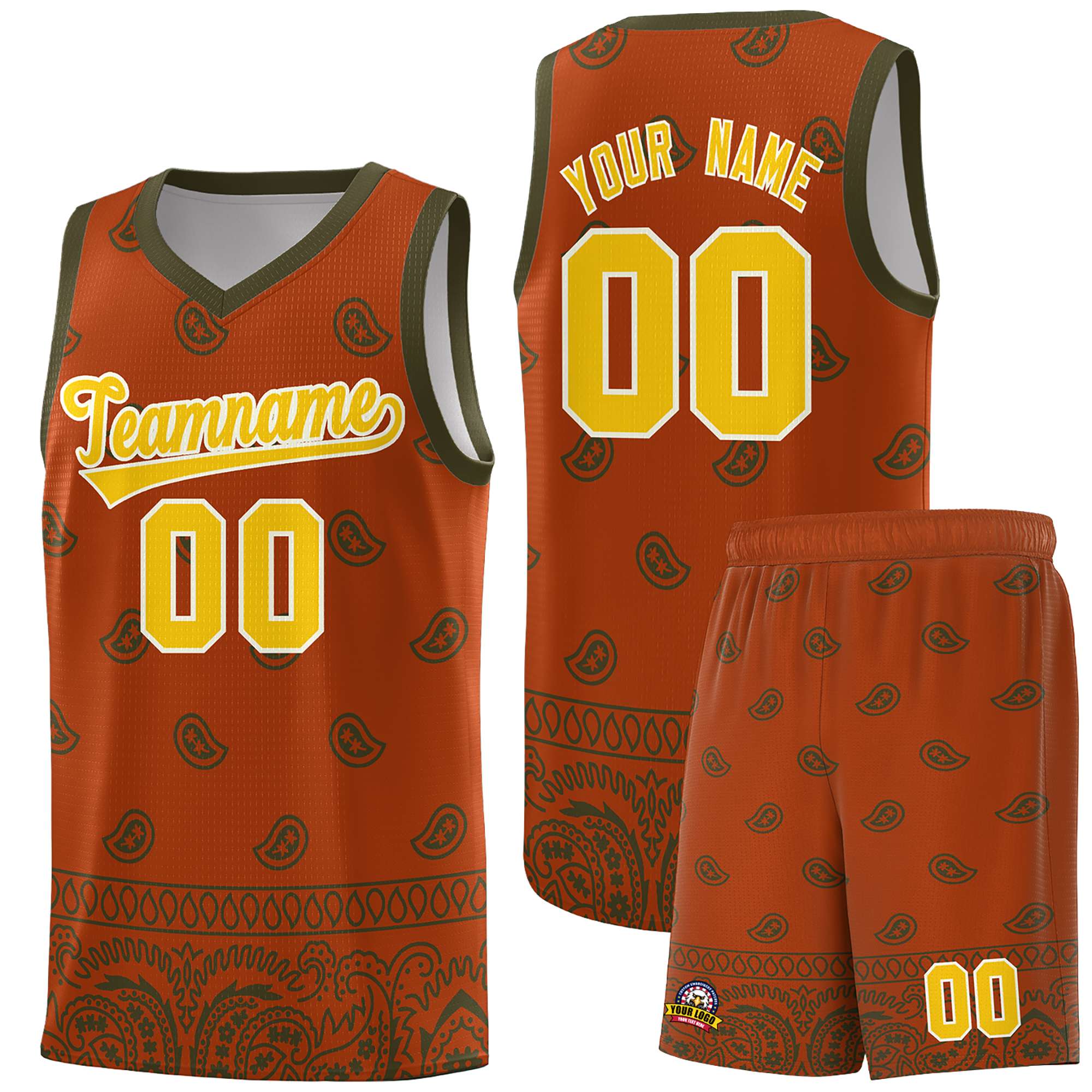 Custom Texas Orange Olive Personalized Cashew Pattern Sports Uniform Basketball Jersey