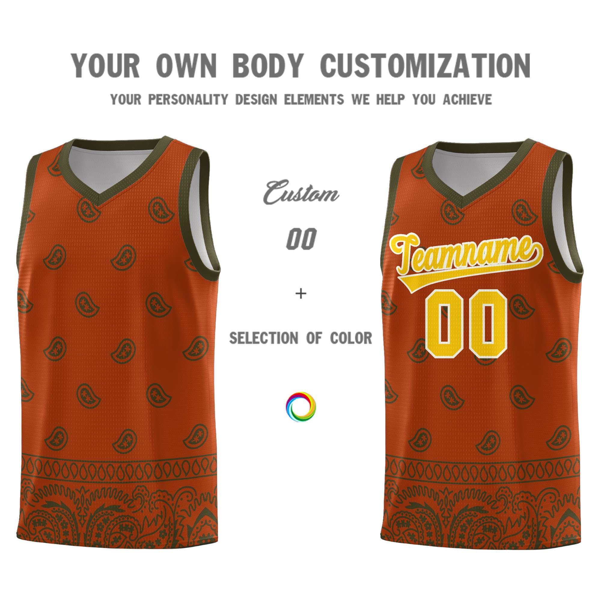 Custom Texas Orange Olive Personalized Cashew Pattern Sports Uniform Basketball Jersey