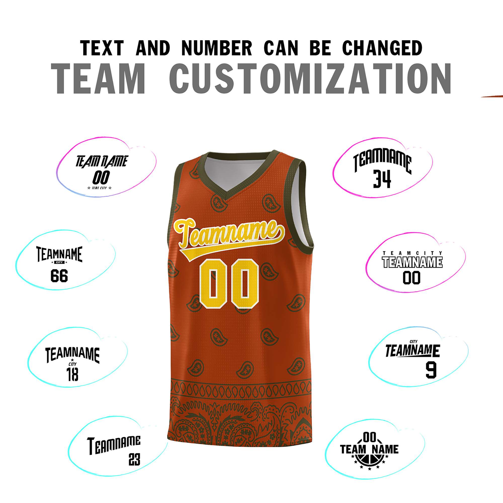 Custom Texas Orange Olive Personalized Cashew Pattern Sports Uniform Basketball Jersey