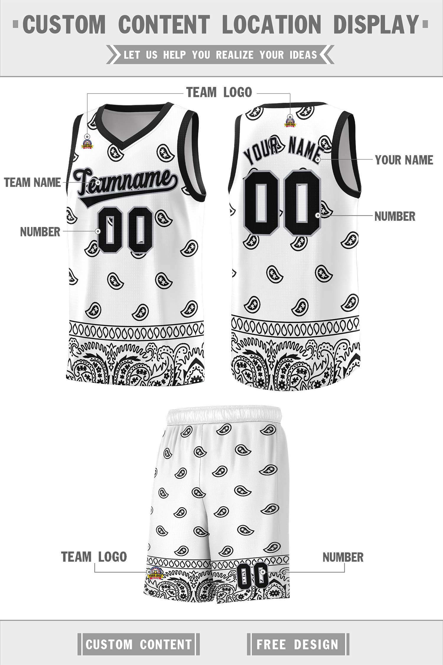 Custom White Black Personalized Cashew Pattern Sports Uniform Basketball Jersey