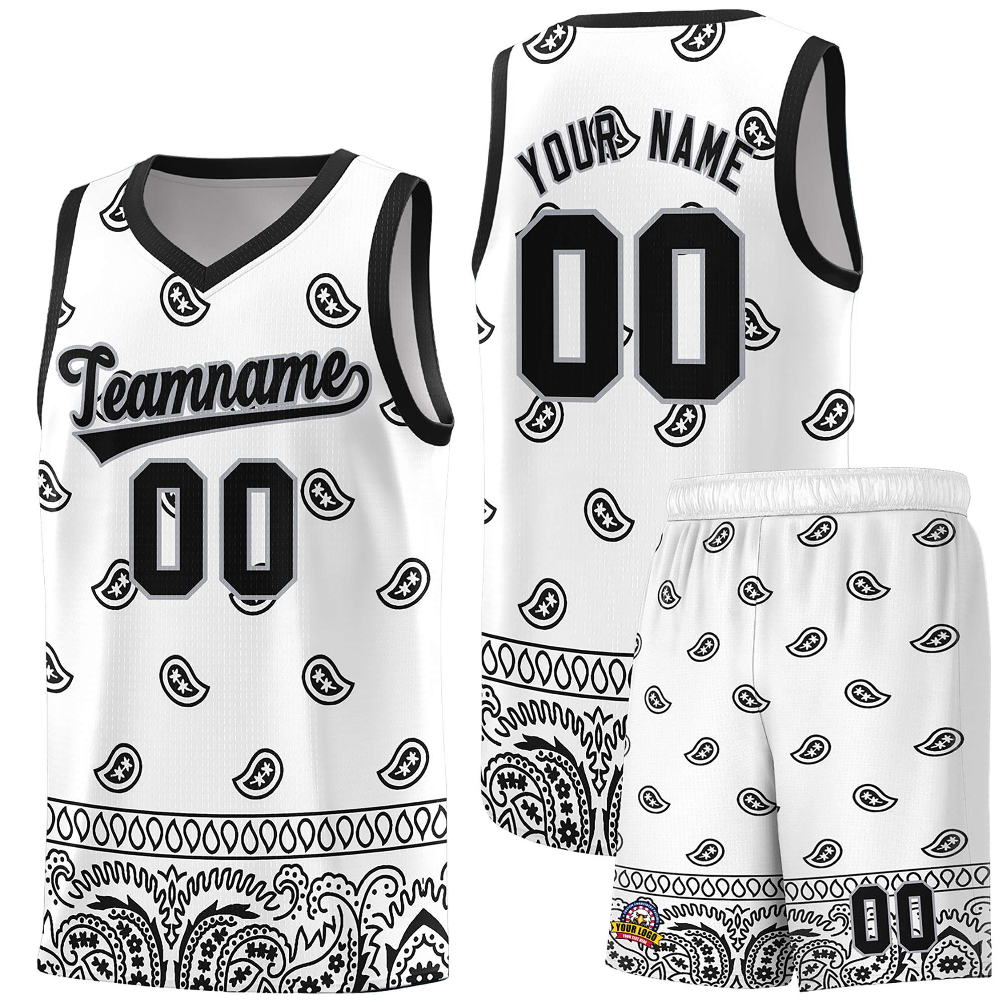 Custom White Black Personalized Cashew Pattern Sports Uniform Basketball Jersey