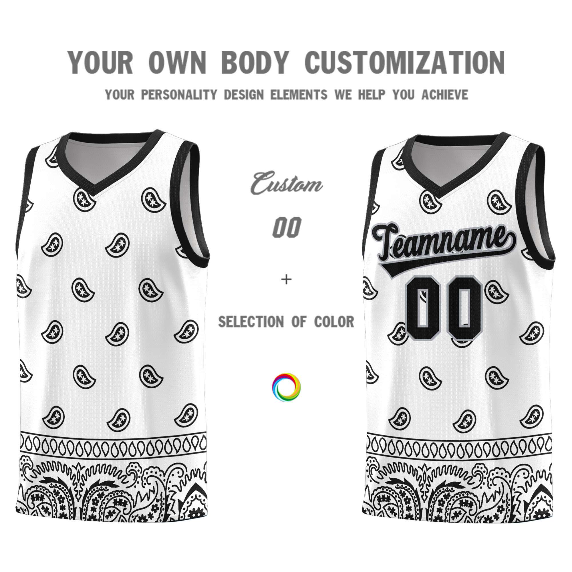 Custom White Black Personalized Cashew Pattern Sports Uniform Basketball Jersey