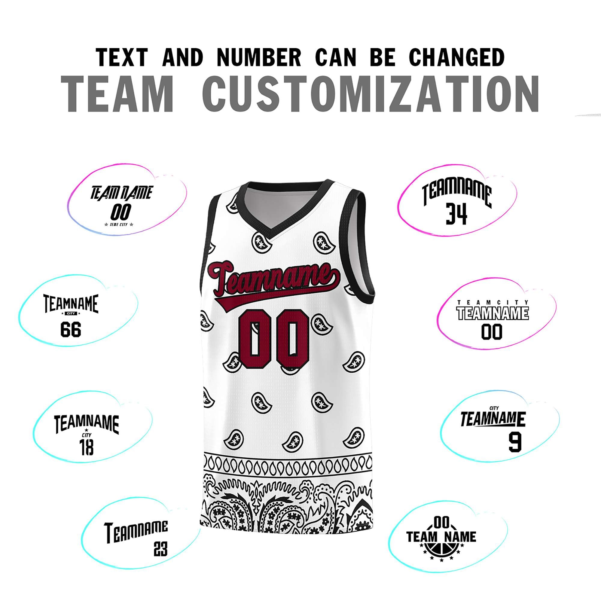 Custom White Black Personalized Cashew Pattern Sports Uniform Basketball Jersey