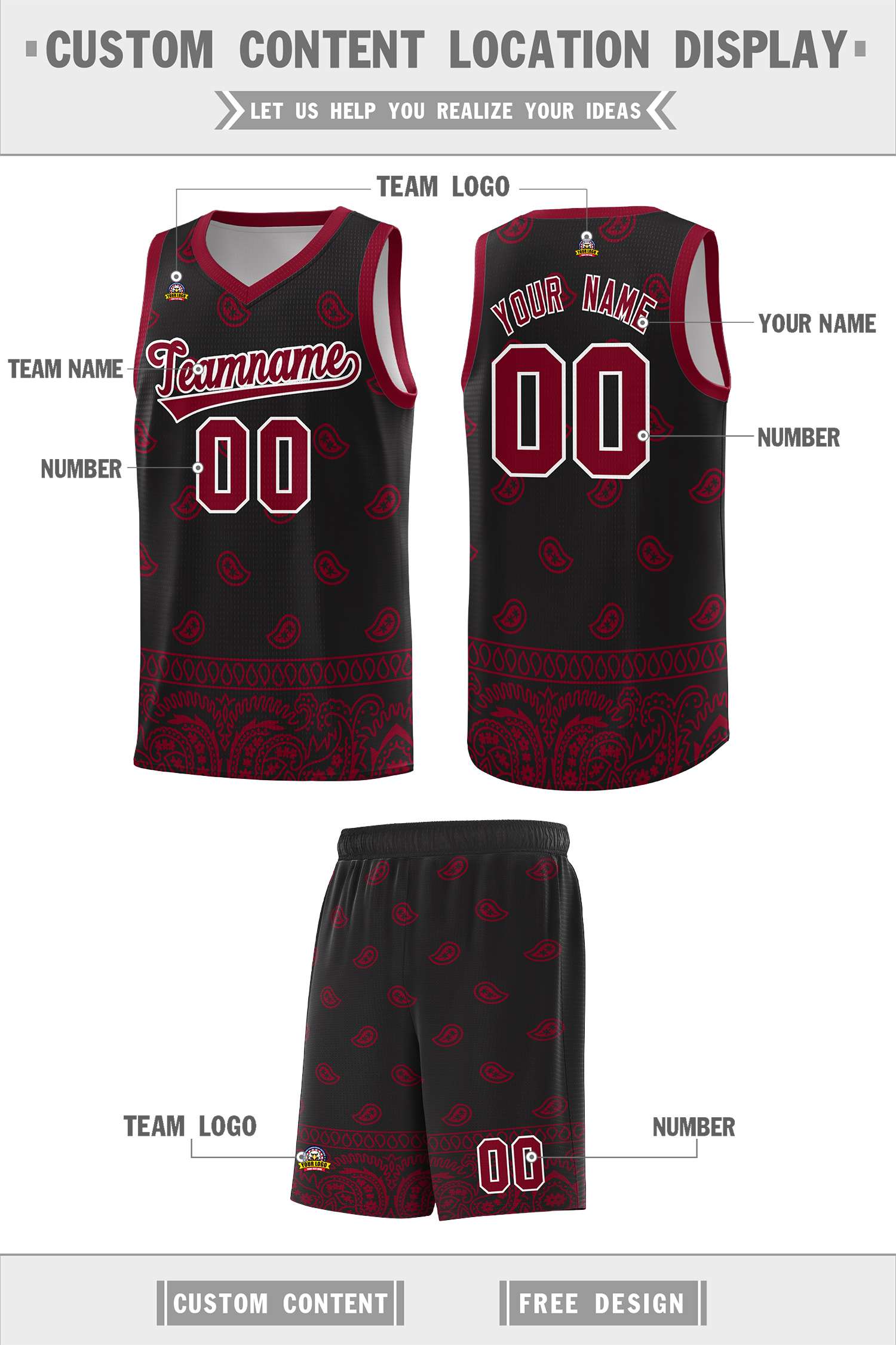 Custom Black Crimson Personalized Cashew Pattern Sports Uniform Basketball Jersey