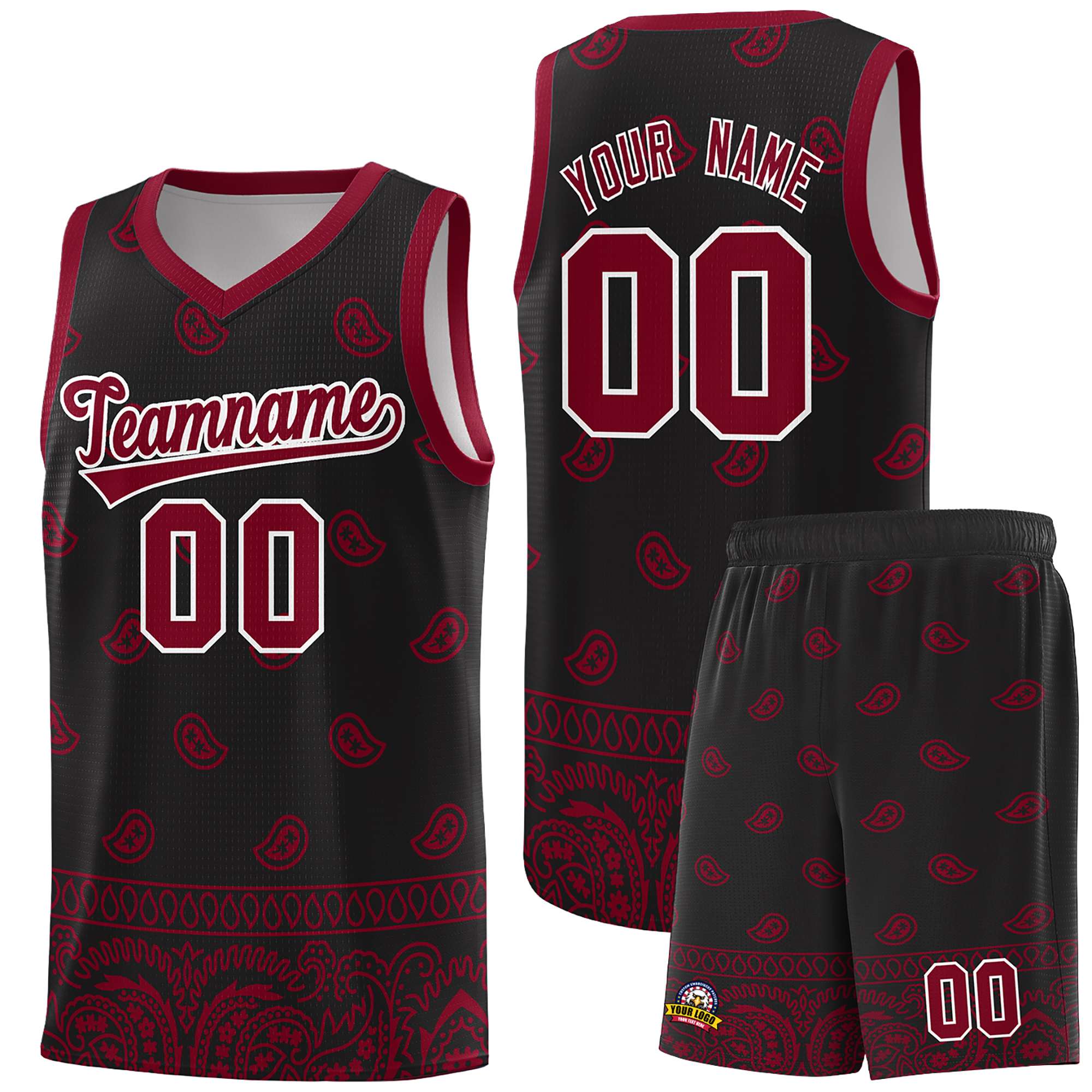 Custom Black Crimson Personalized Cashew Pattern Sports Uniform Basketball Jersey