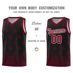 Custom Black Crimson Personalized Cashew Pattern Sports Uniform Basketball Jersey