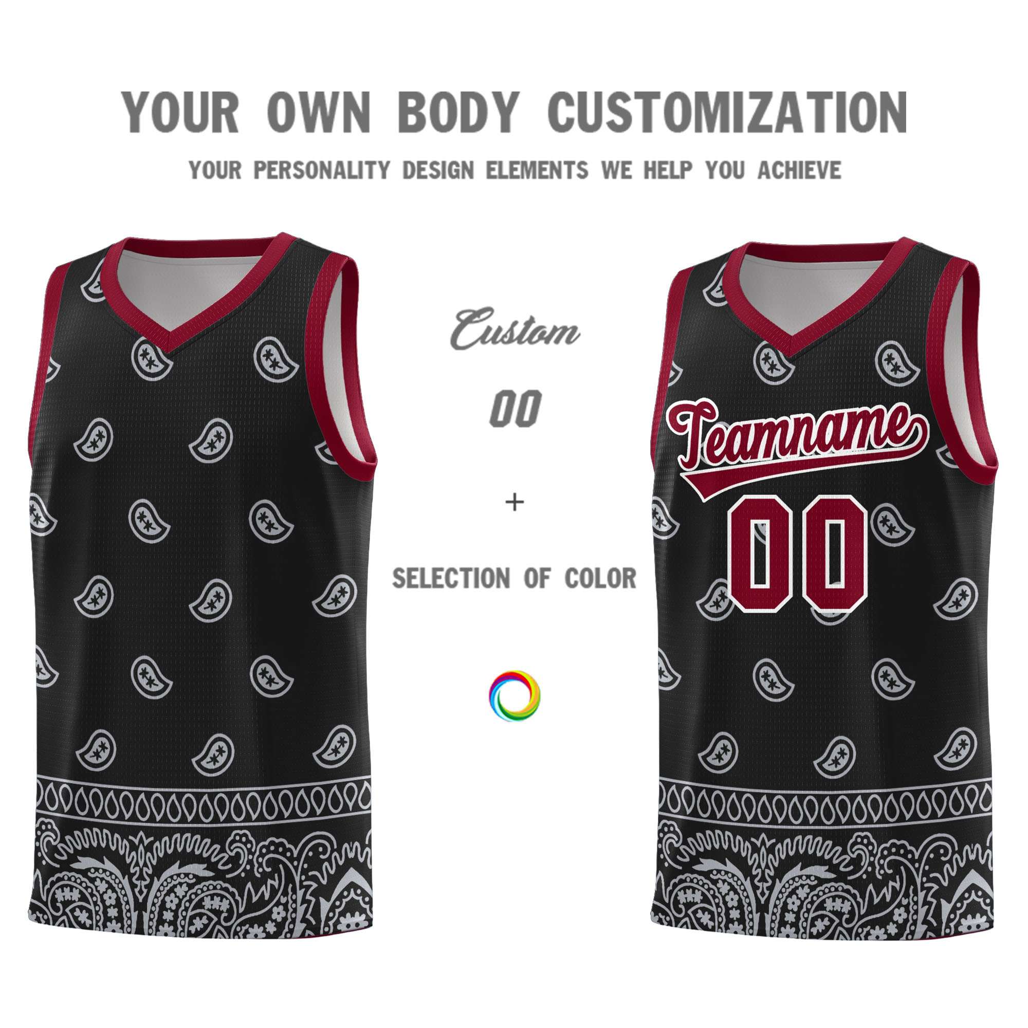 Custom Black Gray Personalized Cashew Pattern Sports Uniform Basketball Jersey