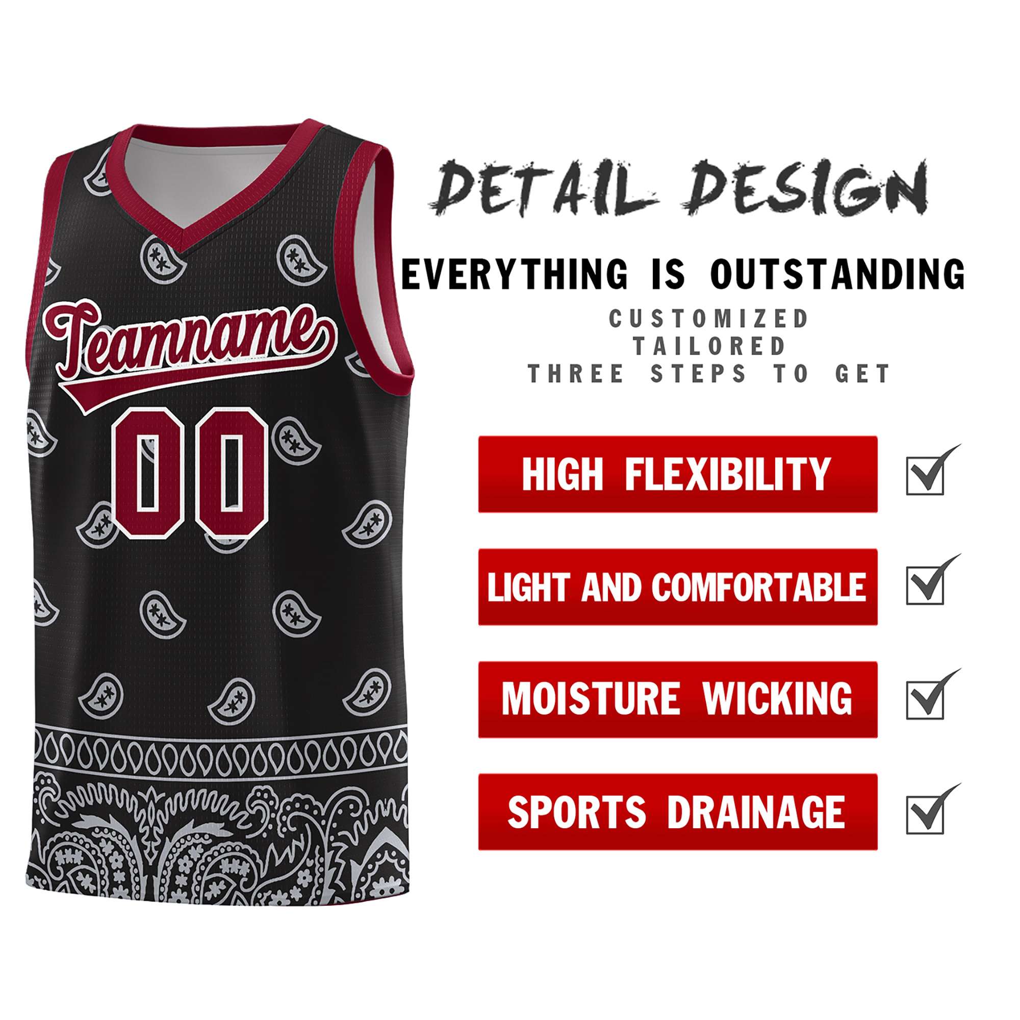 Custom Black Gray Personalized Cashew Pattern Sports Uniform Basketball Jersey