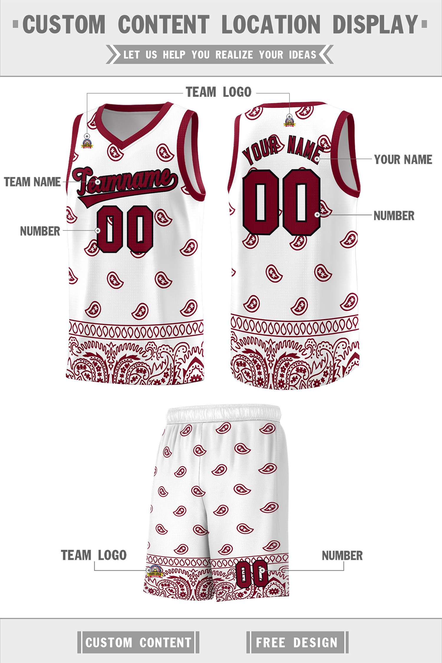 Custom White Crimson Personalized Cashew Pattern Sports Uniform Basketball Jersey