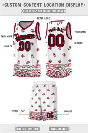 Custom White Crimson Personalized Cashew Pattern Sports Uniform Basketball Jersey