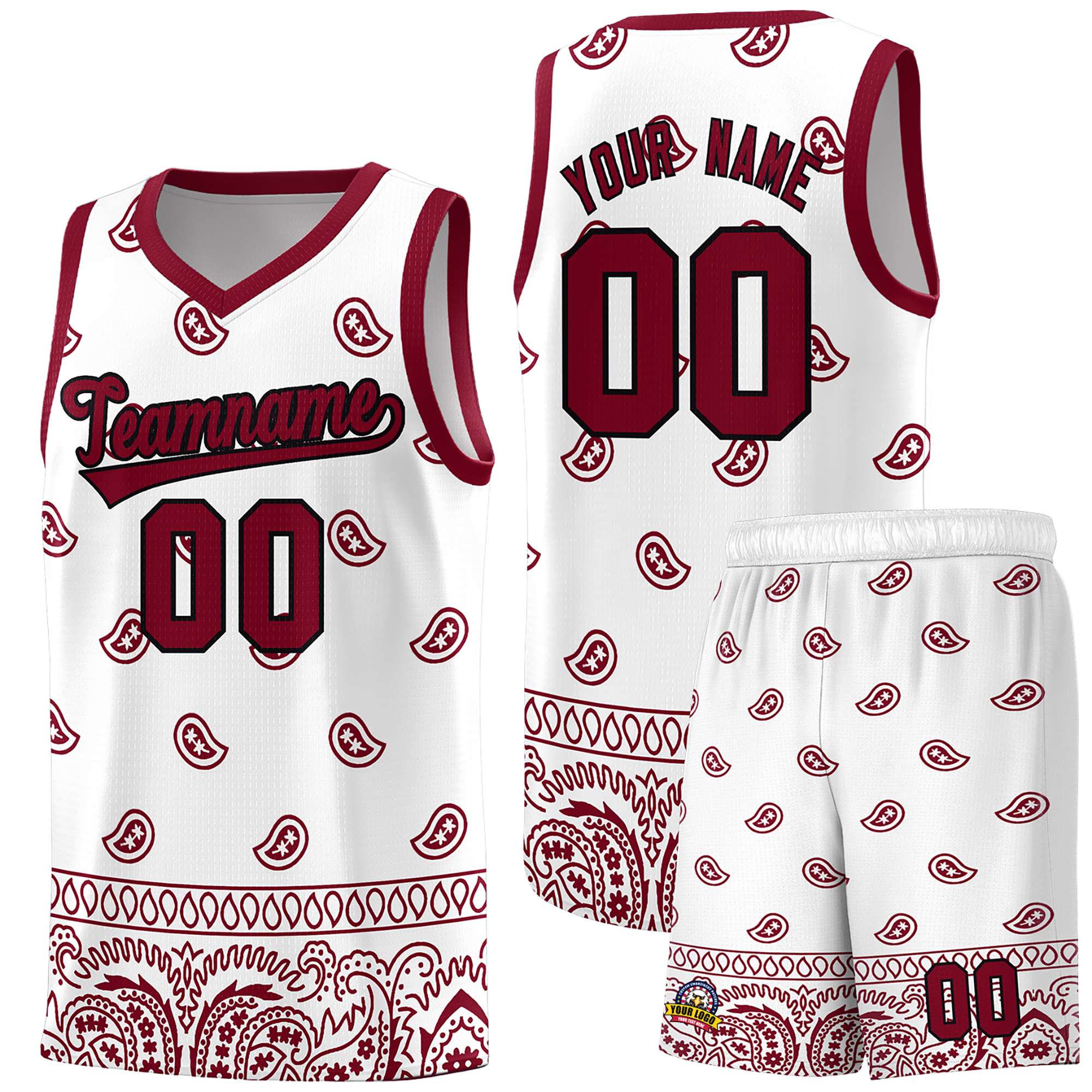 Custom White Crimson Personalized Cashew Pattern Sports Uniform Basketball Jersey