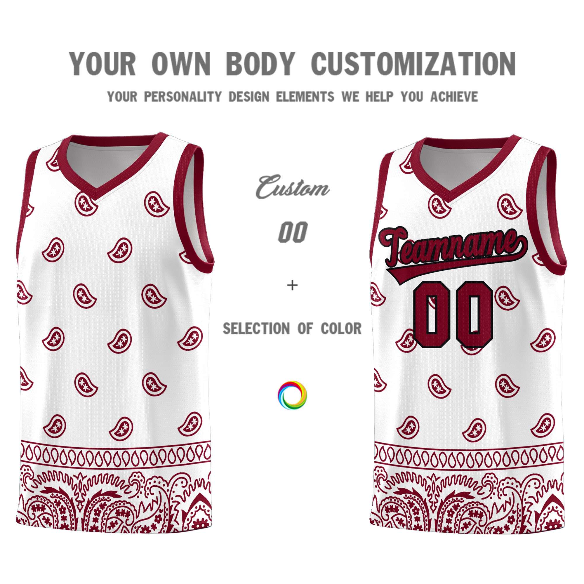 Custom White Crimson Personalized Cashew Pattern Sports Uniform Basketball Jersey