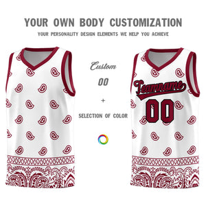 Custom White Crimson Personalized Cashew Pattern Sports Uniform Basketball Jersey