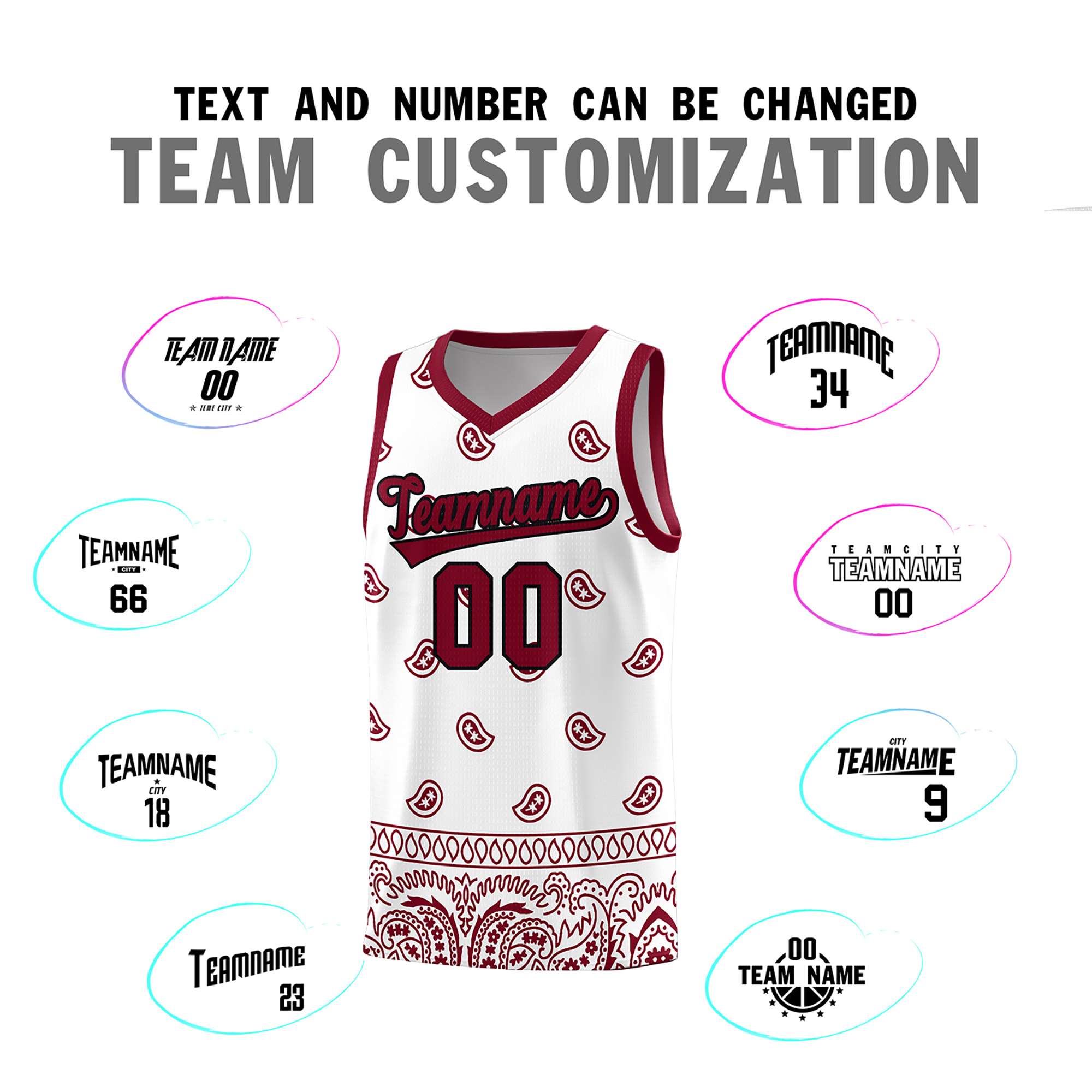 Custom White Crimson Personalized Cashew Pattern Sports Uniform Basketball Jersey