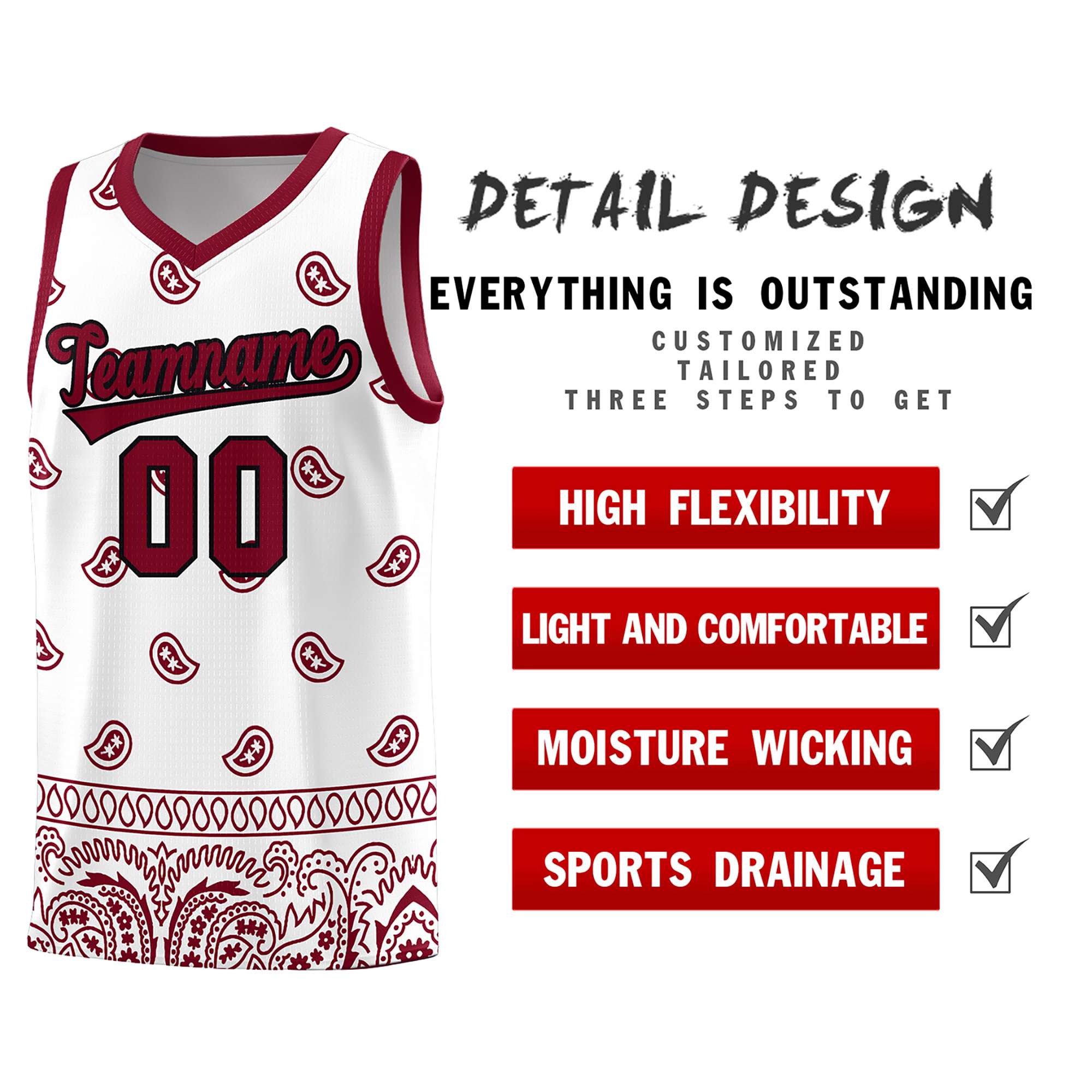 Custom White Crimson Personalized Cashew Pattern Sports Uniform Basketball Jersey