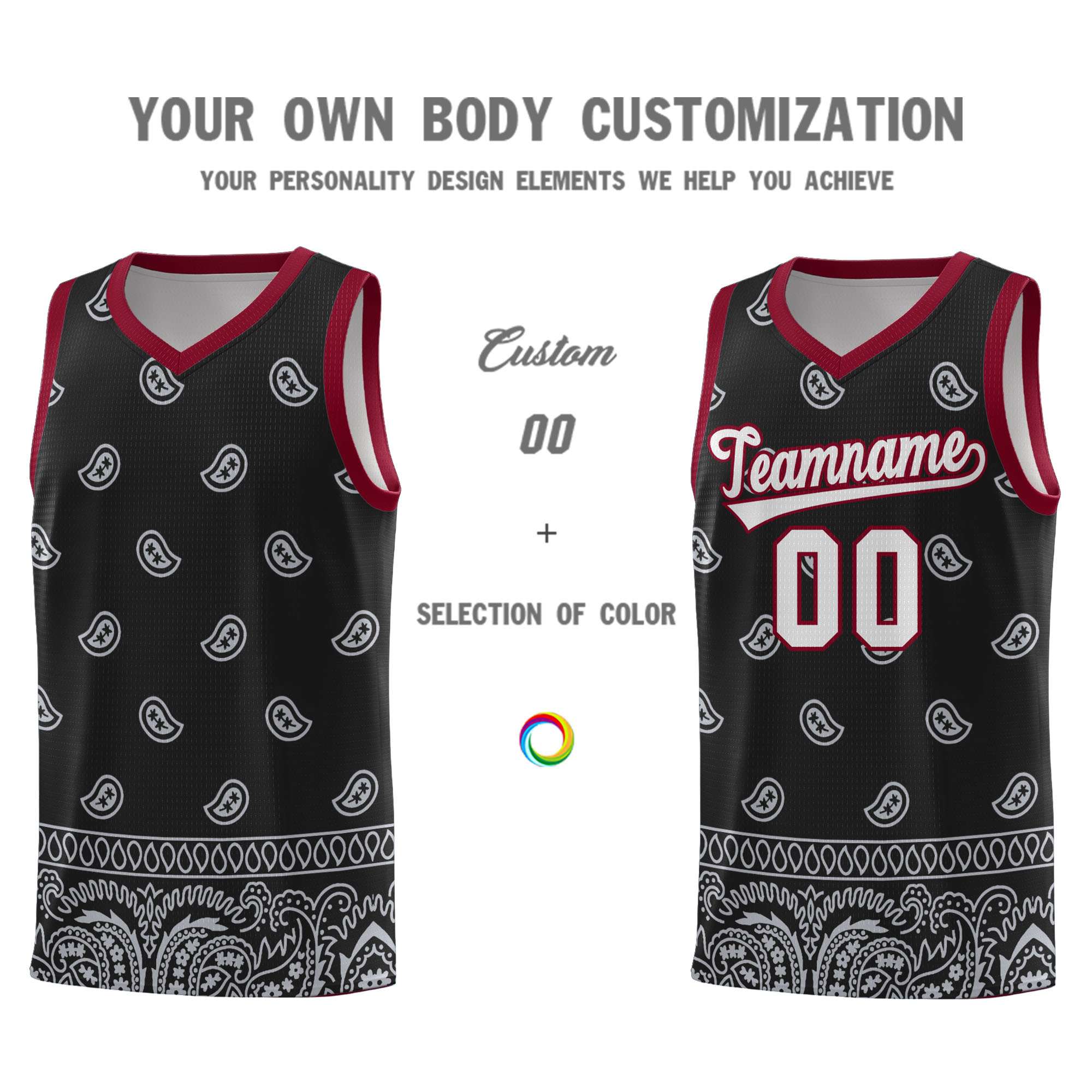 Custom Black Gray Personalized Cashew Pattern Sports Uniform Basketball Jersey