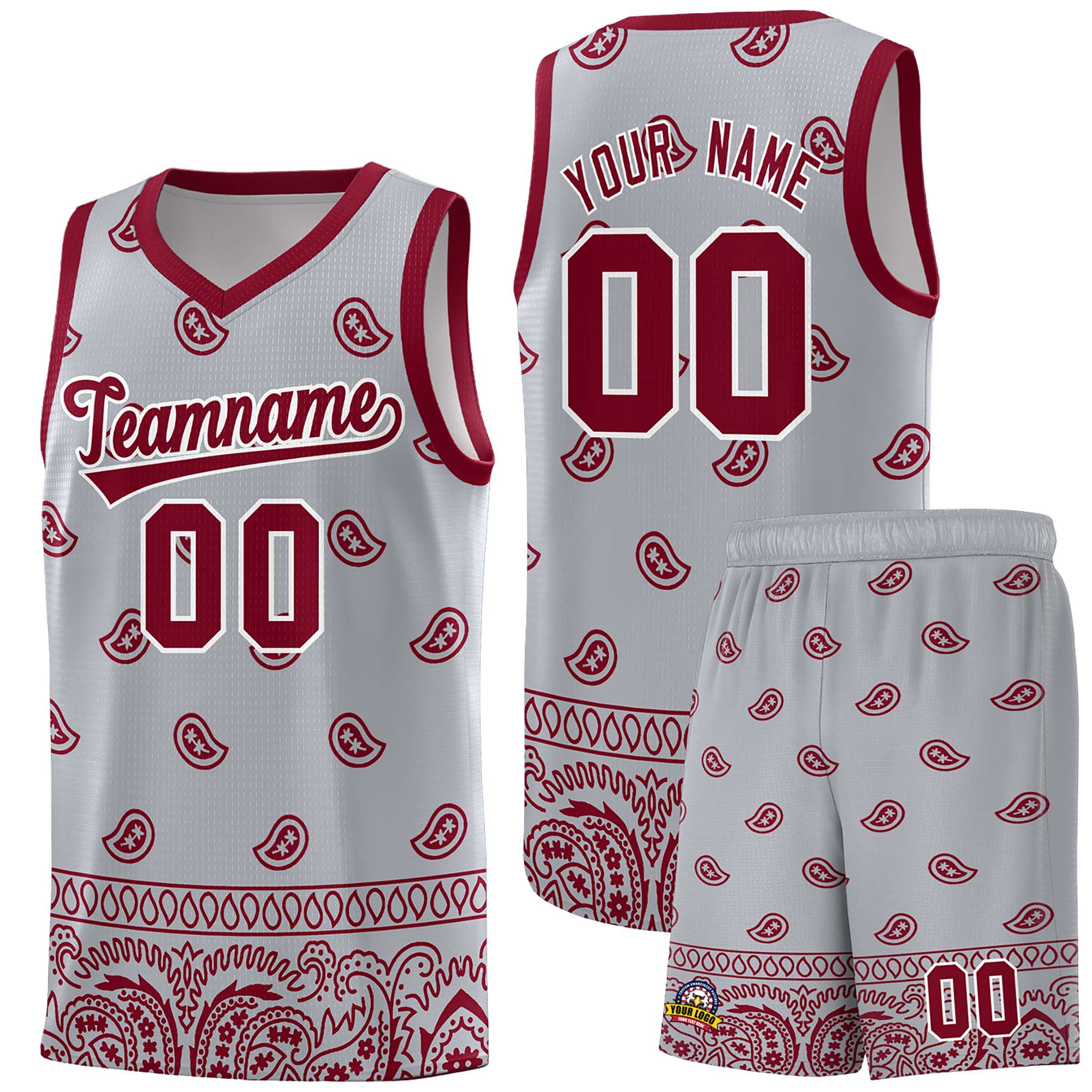 Custom Gray Crimson Personalized Cashew Pattern Sports Uniform Basketball Jersey