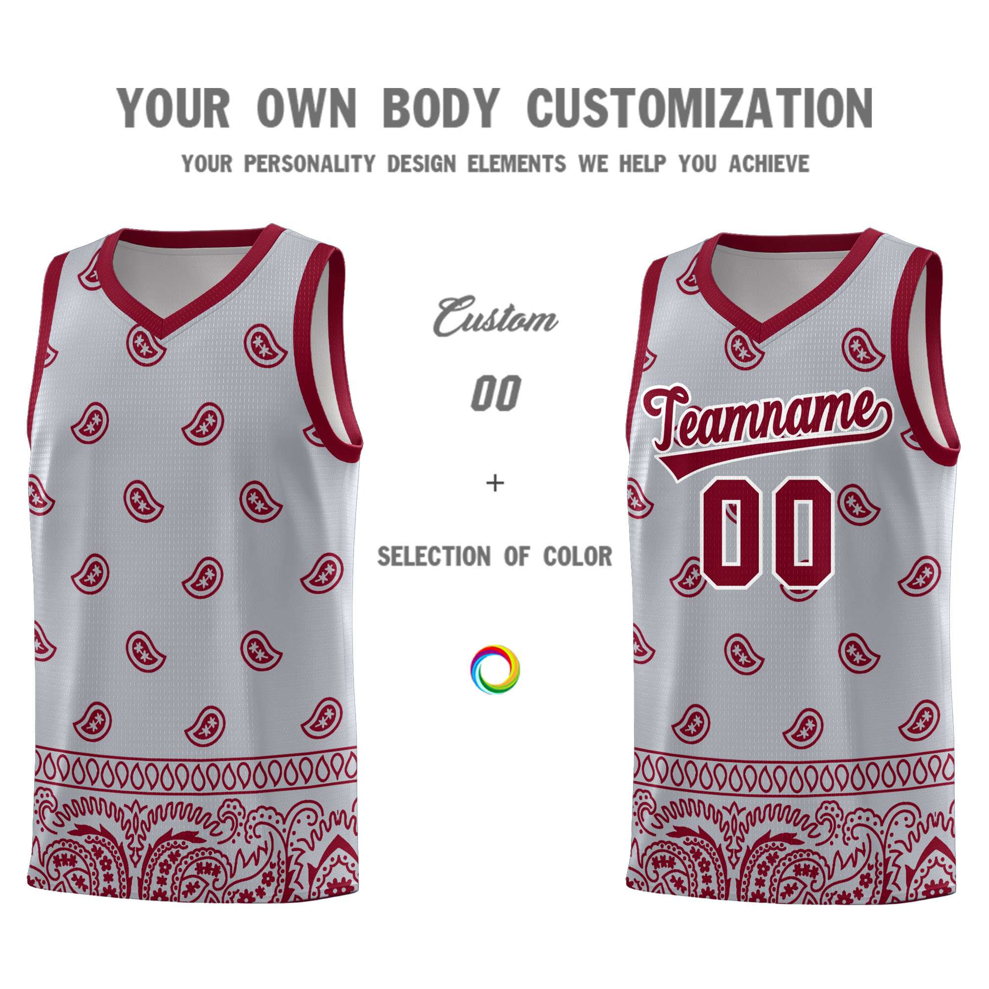 Custom Gray Crimson Personalized Cashew Pattern Sports Uniform Basketball Jersey