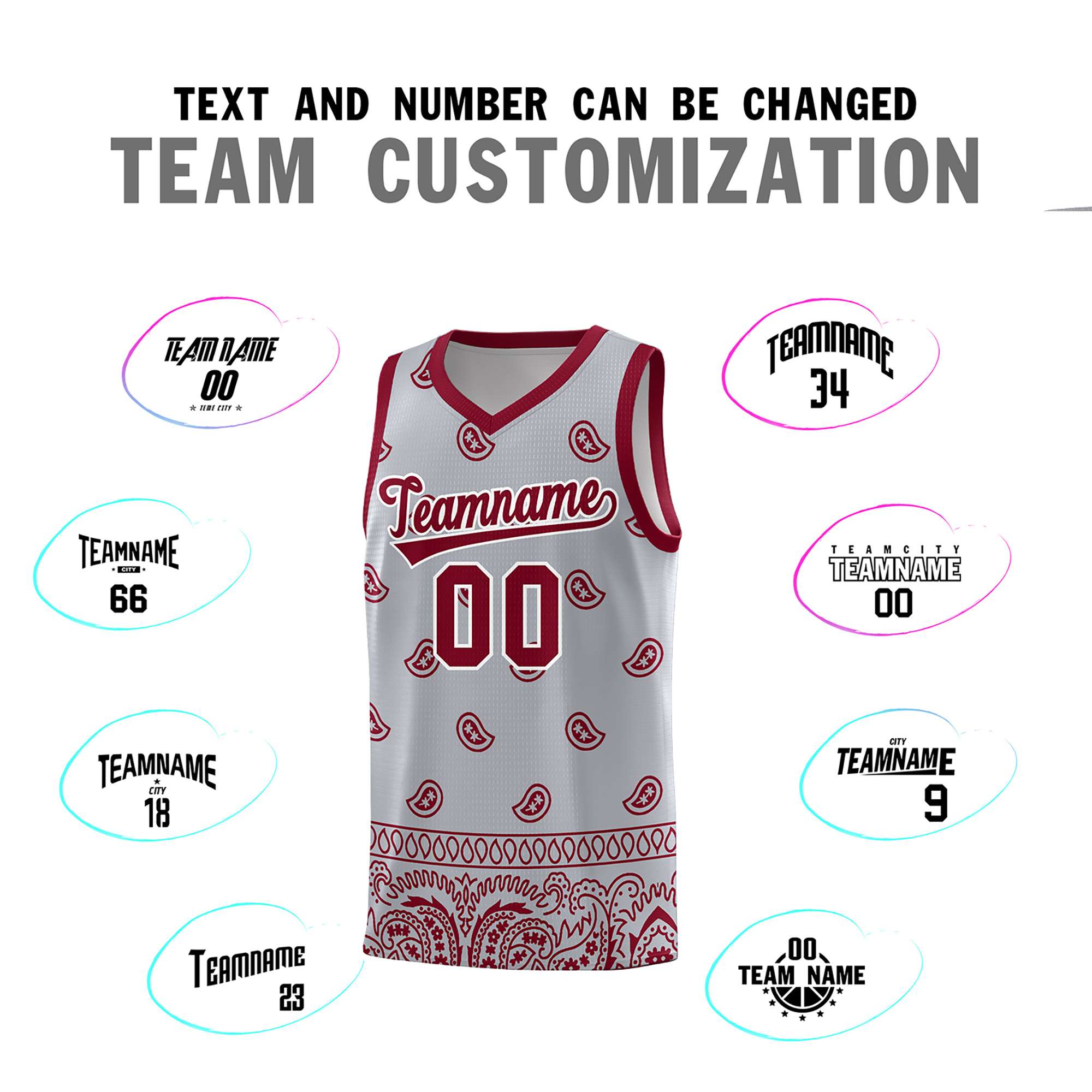 Custom Gray Crimson Personalized Cashew Pattern Sports Uniform Basketball Jersey